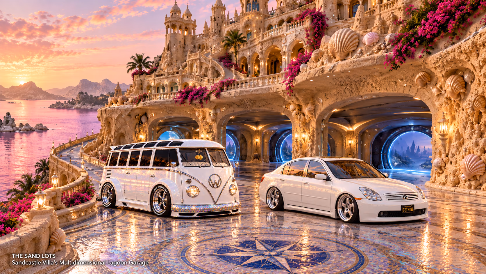 Starlite, a pearl-white custom Volkswagen Samba, parked beside Tony’s white 2006 Infiniti G35x at Sandcastle Villa’s Multidimensional Lagoon Garage on The Sand Lots. A wide fantasy landscape with a discreet location caption at bottom left.
