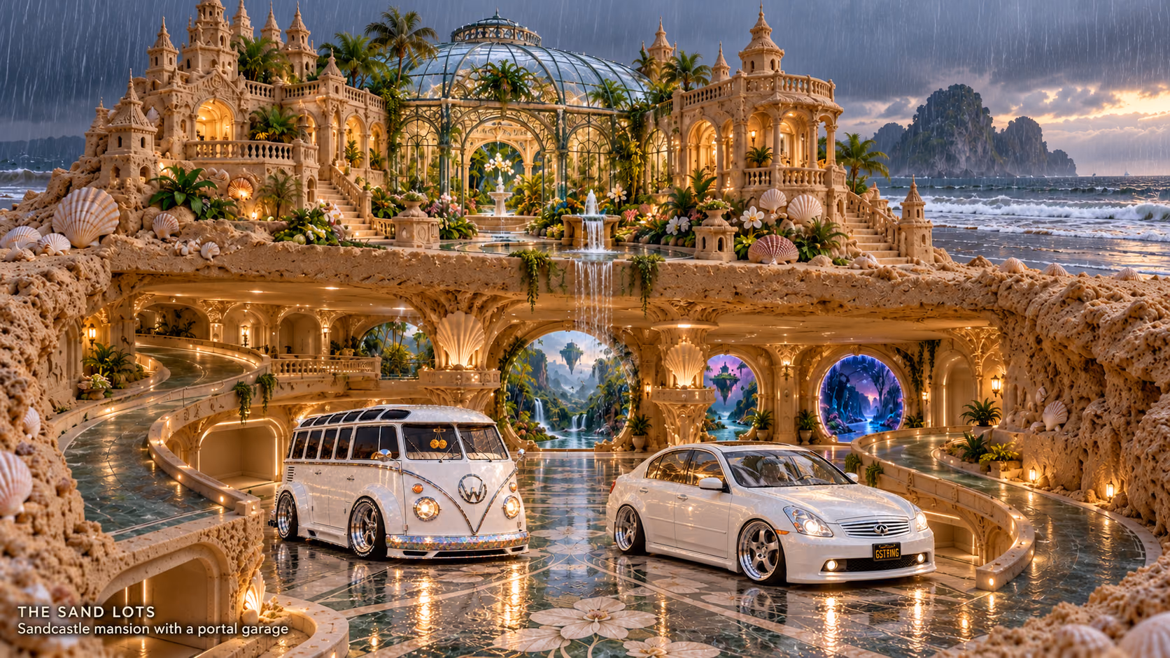 Starlite, a pearl-white custom Volkswagen Samba, parked beside Tony’s white 2006 Infiniti G35x at Sandcastle mansion with a portal garage on The Sand Lots. A wide fantasy landscape with a discreet location caption at bottom left.
