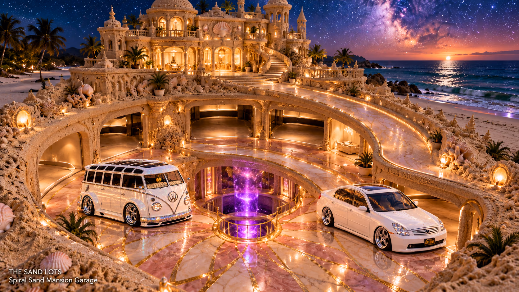 Starlite, a pearl-white custom Volkswagen Samba, parked beside Tony’s white 2006 Infiniti G35x at Spiral Sand Mansion Garage on The Sand Lots. A wide fantasy landscape with a discreet location caption at bottom left.