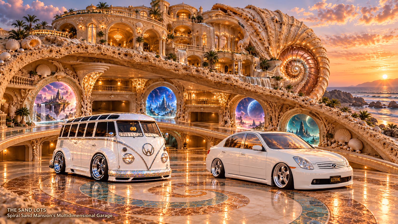 Starlite, a pearl-white custom Volkswagen Samba, parked beside Tony’s white 2006 Infiniti G35x at Spiral Sand Mansion’s Multidimensional Garage on The Sand Lots. A wide fantasy landscape with a discreet location caption at bottom left.