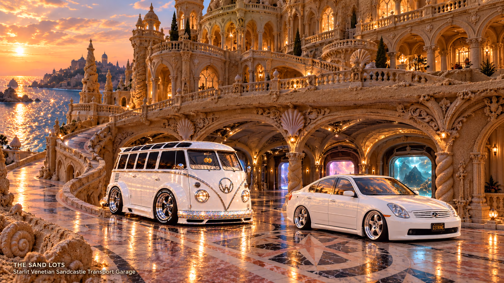 Starlite, a pearl-white custom Volkswagen Samba, parked beside Tony’s white 2006 Infiniti G35x at Starlit Venetian Sandcastle Transport Garage on The Sand Lots. A wide fantasy landscape with a discreet location caption at bottom left.