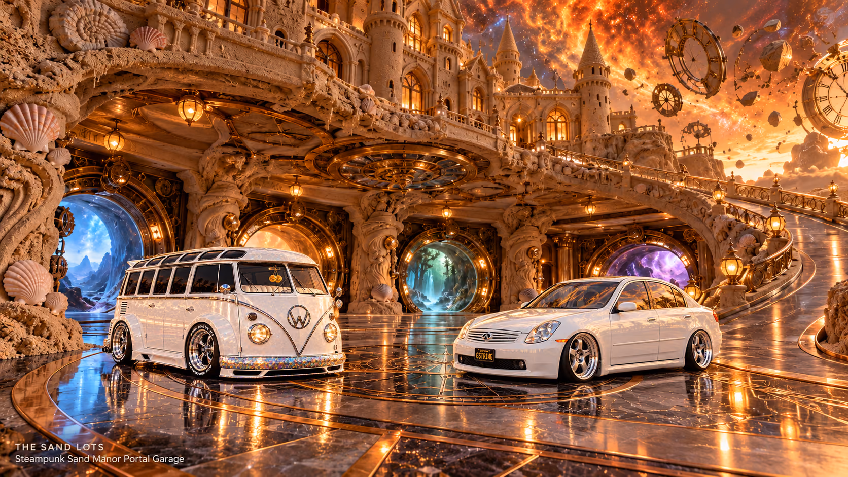 Starlite, a pearl-white custom Volkswagen Samba, parked beside Tony’s white 2006 Infiniti G35x at Steampunk Sand Manor Portal Garage on The Sand Lots. A wide fantasy landscape with a discreet location caption at bottom left.