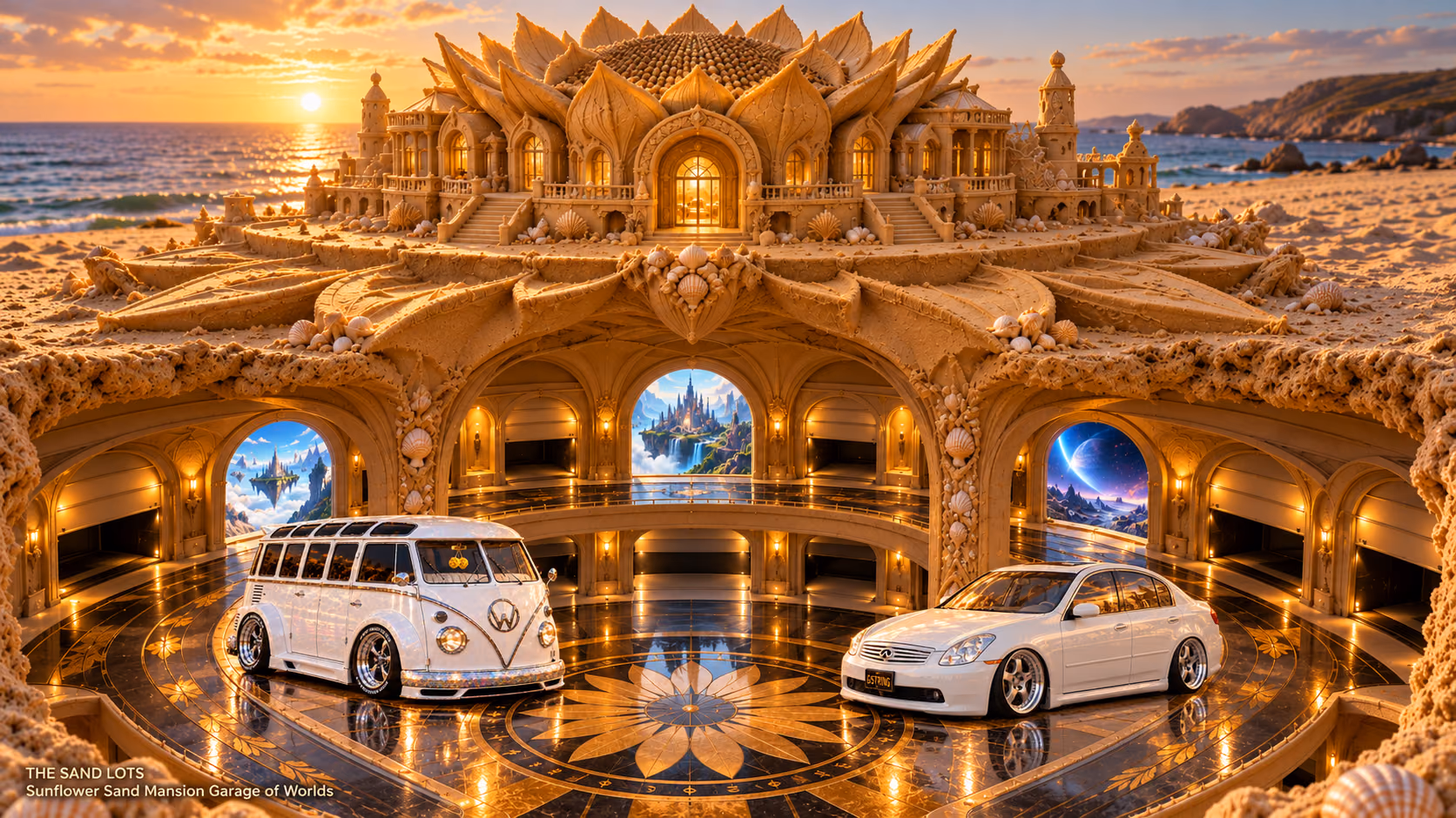 Starlite, a pearl-white custom Volkswagen Samba, parked beside Tony’s white 2006 Infiniti G35x at Sunflower Sand Mansion Garage of Worlds on The Sand Lots. A wide fantasy landscape with a discreet location caption at bottom left.