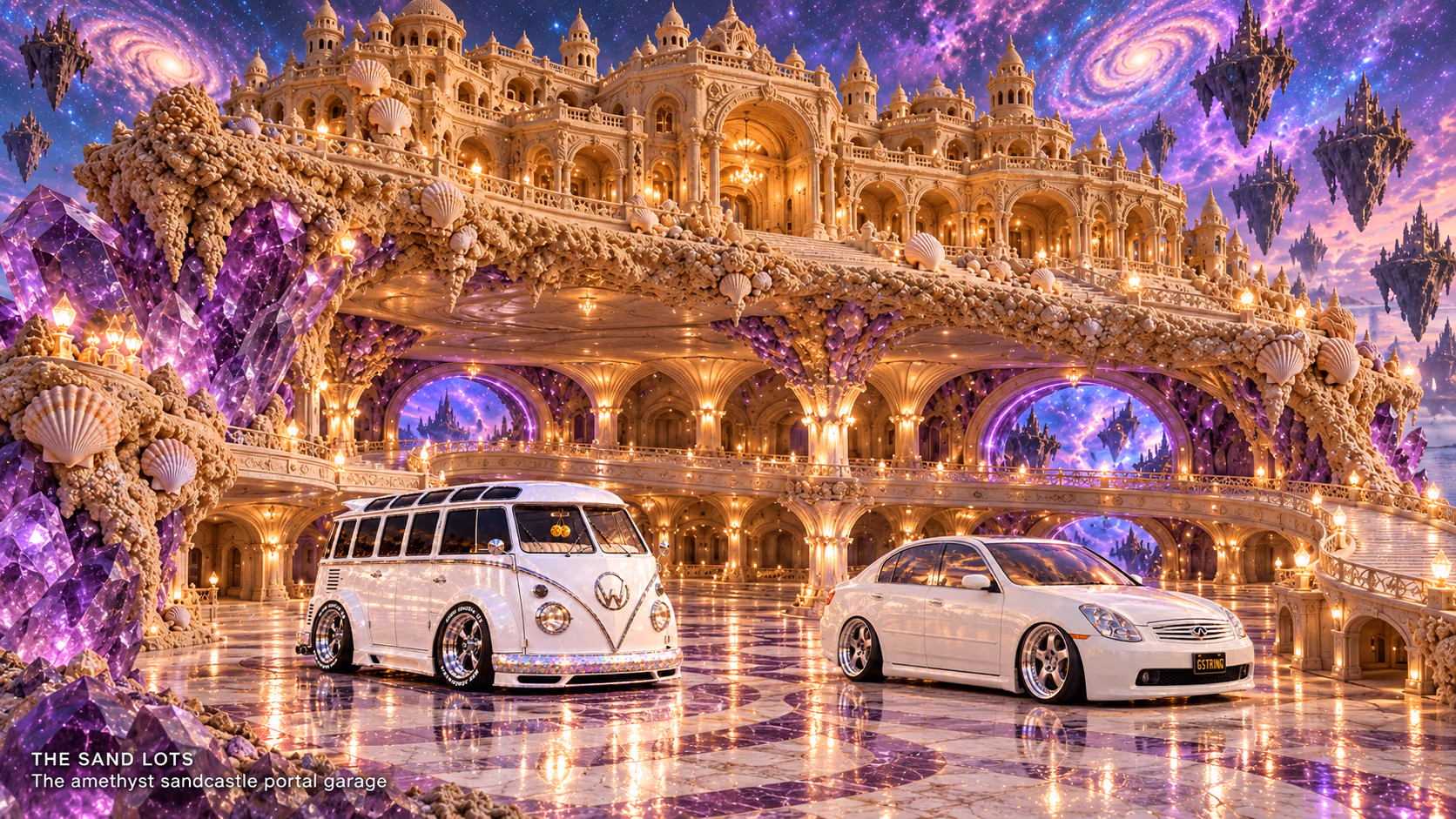 Starlite, a pearl-white custom Volkswagen Samba, parked beside Tony’s white 2006 Infiniti G35x at The amethyst sandcastle portal garage on The Sand Lots. A wide fantasy landscape with a discreet location caption at bottom left.