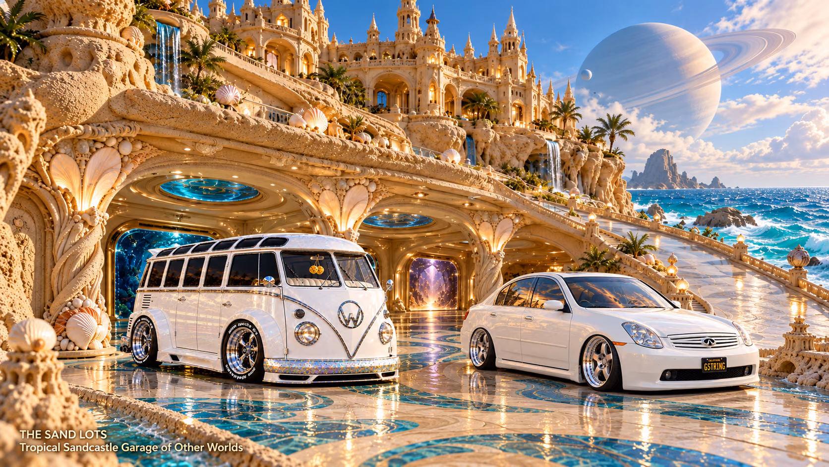 Starlite, a pearl-white custom Volkswagen Samba, parked beside Tony’s white 2006 Infiniti G35x at Tropical Sandcastle Garage of Other Worlds on The Sand Lots. A wide fantasy landscape with a discreet location caption at bottom left.