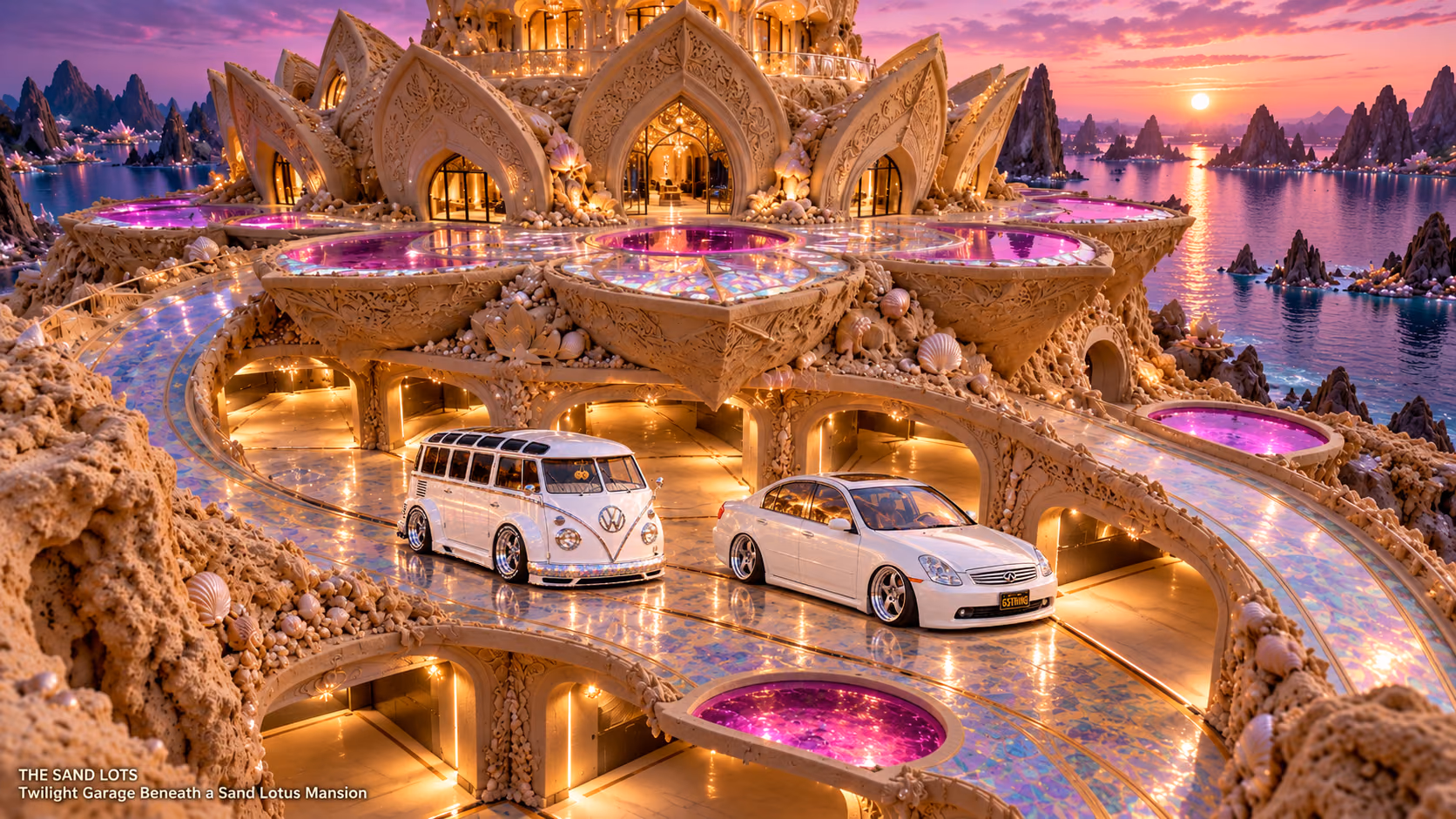 Starlite, a pearl-white custom Volkswagen Samba, parked beside Tony’s white 2006 Infiniti G35x at Twilight Garage Beneath a Sand Lotus Mansion on The Sand Lots. A wide fantasy landscape with a discreet location caption at bottom left.