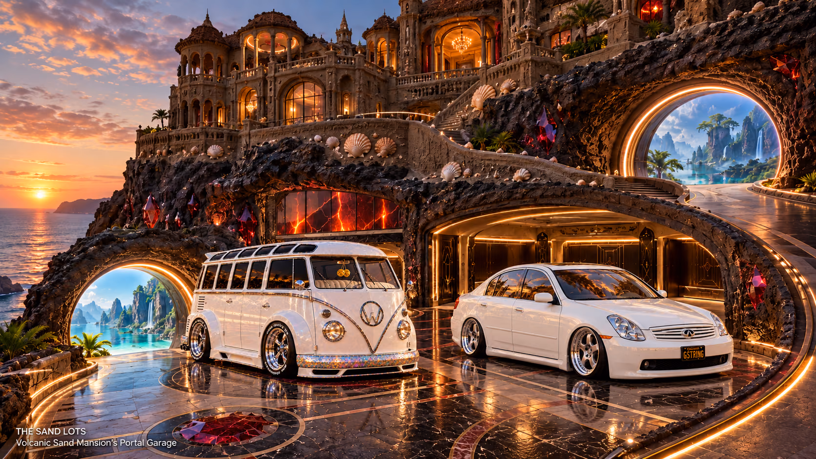 Starlite, a pearl-white custom Volkswagen Samba, parked beside Tony’s white 2006 Infiniti G35x at Volcanic Sand Mansion’s Portal Garage on The Sand Lots. A wide fantasy landscape with a discreet location caption at bottom left.