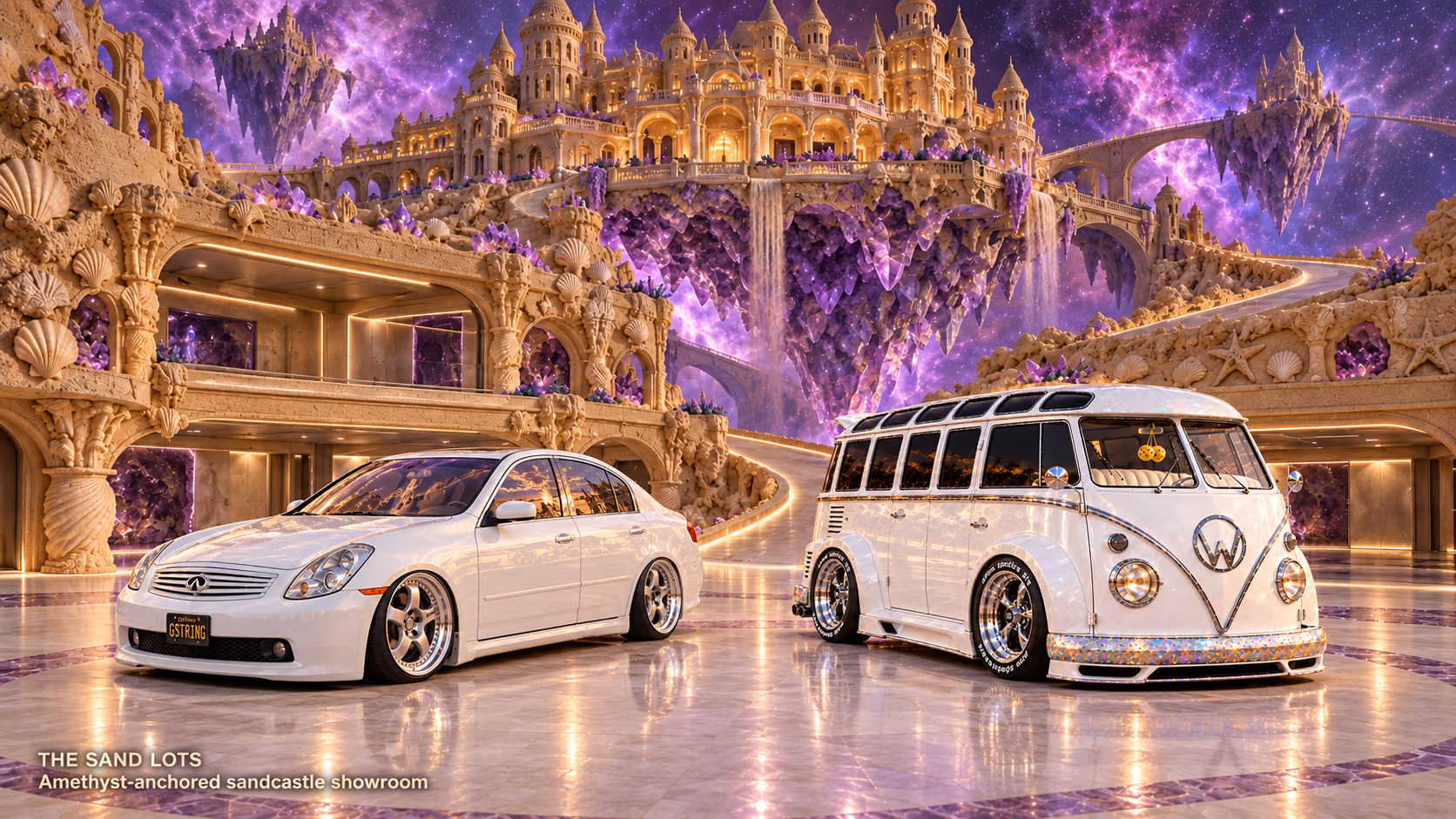 Starlite, a pearl-white custom Volkswagen Samba, parked beside Tony’s white 2006 Infiniti G35x at Amethyst-anchored sandcastle showroom on The Sand Lots. A wide fantasy landscape with a discreet location caption at bottom left.