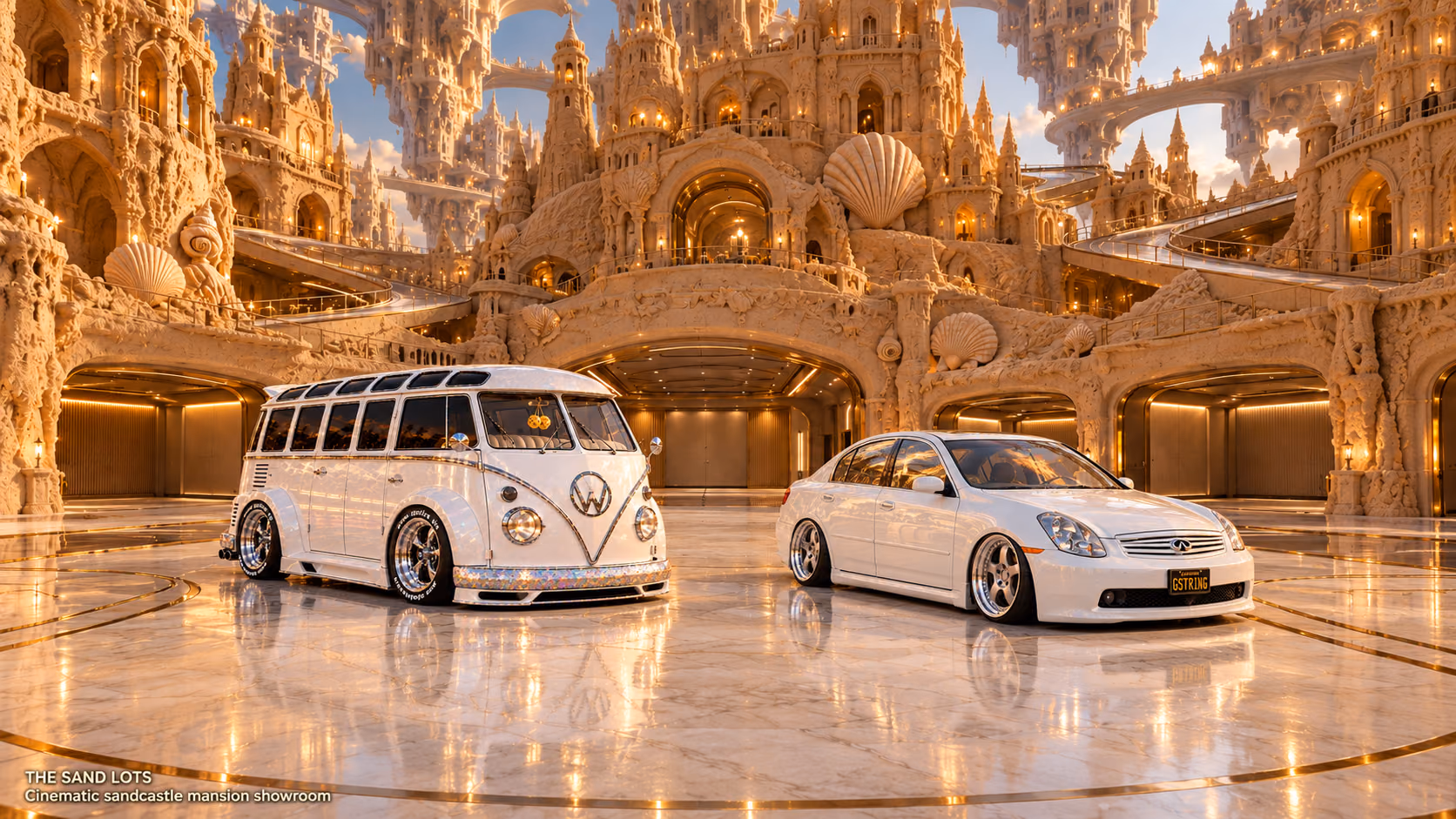 Starlite, a pearl-white custom Volkswagen Samba, parked beside Tony’s white 2006 Infiniti G35x at Cinematic sandcastle mansion showroom on The Sand Lots. A wide fantasy landscape with a discreet location caption at bottom left.