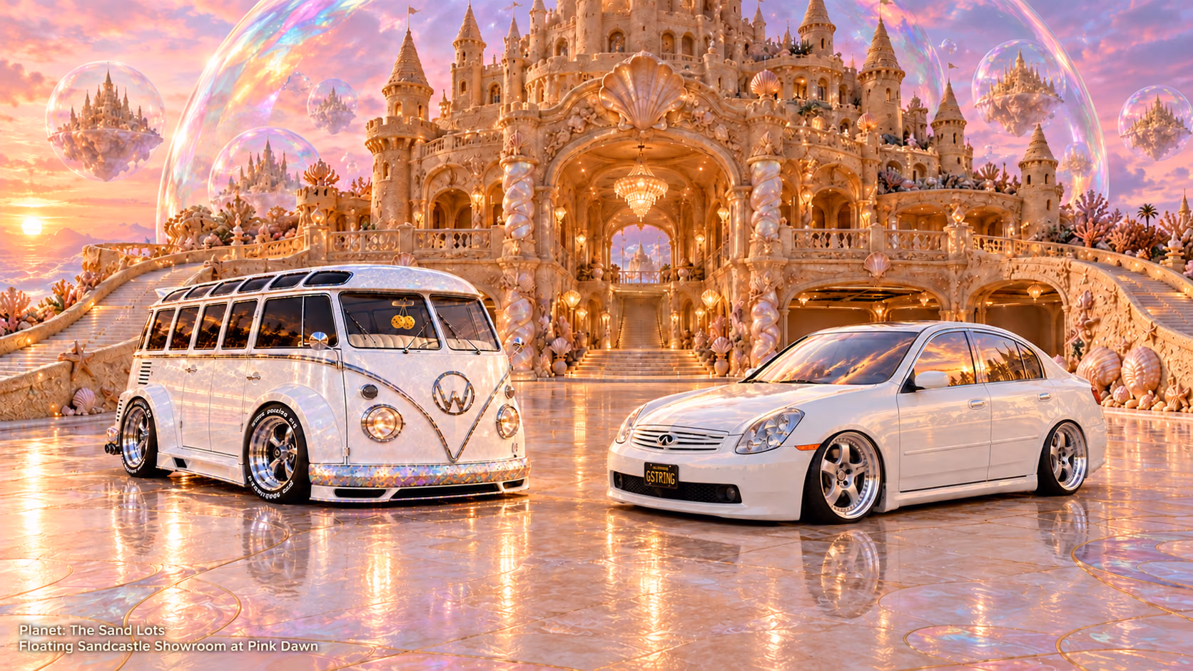 Starlite, a pearl-white custom Volkswagen Samba, parked beside Tony’s white 2006 Infiniti G35x at Floating Sandcastle Showroom at Pink Dawn on The Sand Lots. A wide fantasy landscape with a discreet location caption at bottom left.