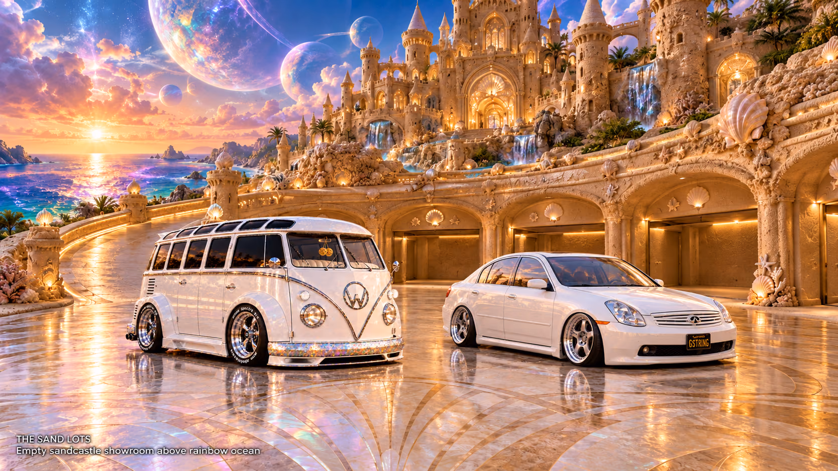 Starlite, a pearl-white custom Volkswagen Samba, parked beside Tony’s white 2006 Infiniti G35x at Empty sandcastle showroom above rainbow ocean on The Sand Lots. A wide fantasy landscape with a discreet location caption at bottom left.