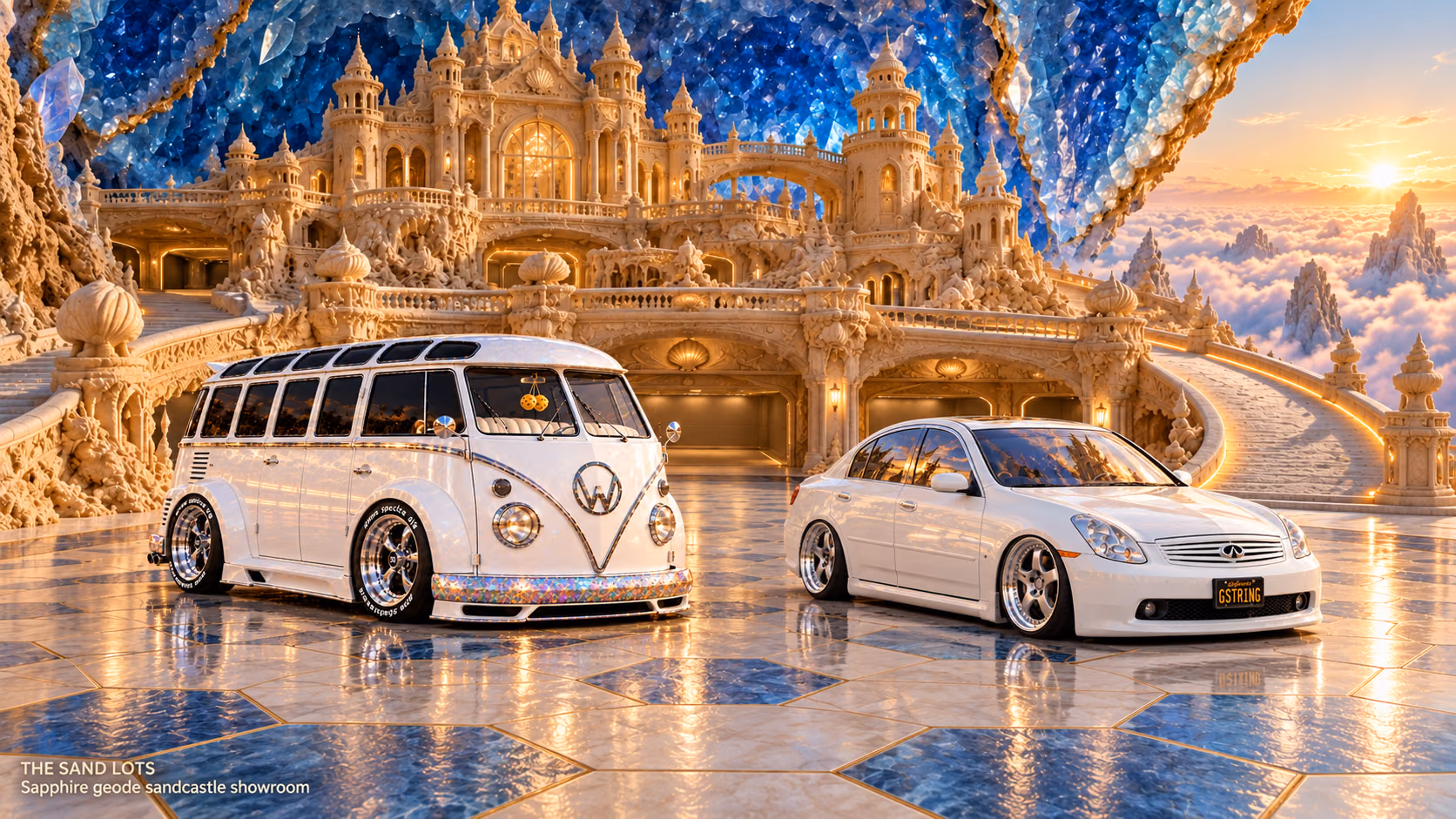 Starlite, a pearl-white custom Volkswagen Samba, parked beside Tony’s white 2006 Infiniti G35x at Sapphire geode sandcastle showroom on The Sand Lots. A wide fantasy landscape with a discreet location caption at bottom left.