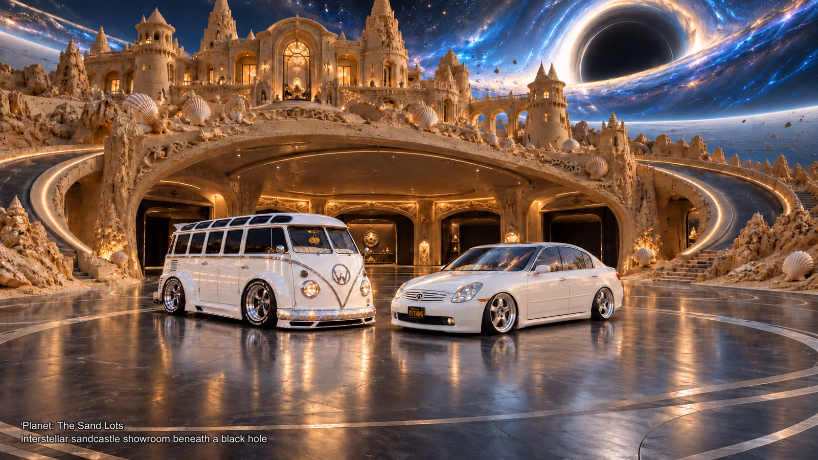 Starlite, a pearl-white custom Volkswagen Samba, parked beside Tony’s white 2006 Infiniti G35x at Interstellar sandcastle showroom beneath a black hole on The Sand Lots. A wide fantasy landscape with a discreet location caption at bottom left.