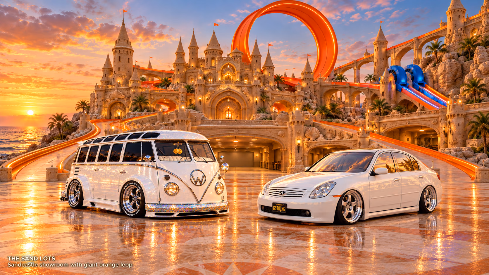 Starlite, a pearl-white custom Volkswagen Samba, parked beside Tony’s white 2006 Infiniti G35x at Sandcastle showroom with giant orange loop on The Sand Lots. A wide fantasy landscape with a discreet location caption at bottom left.