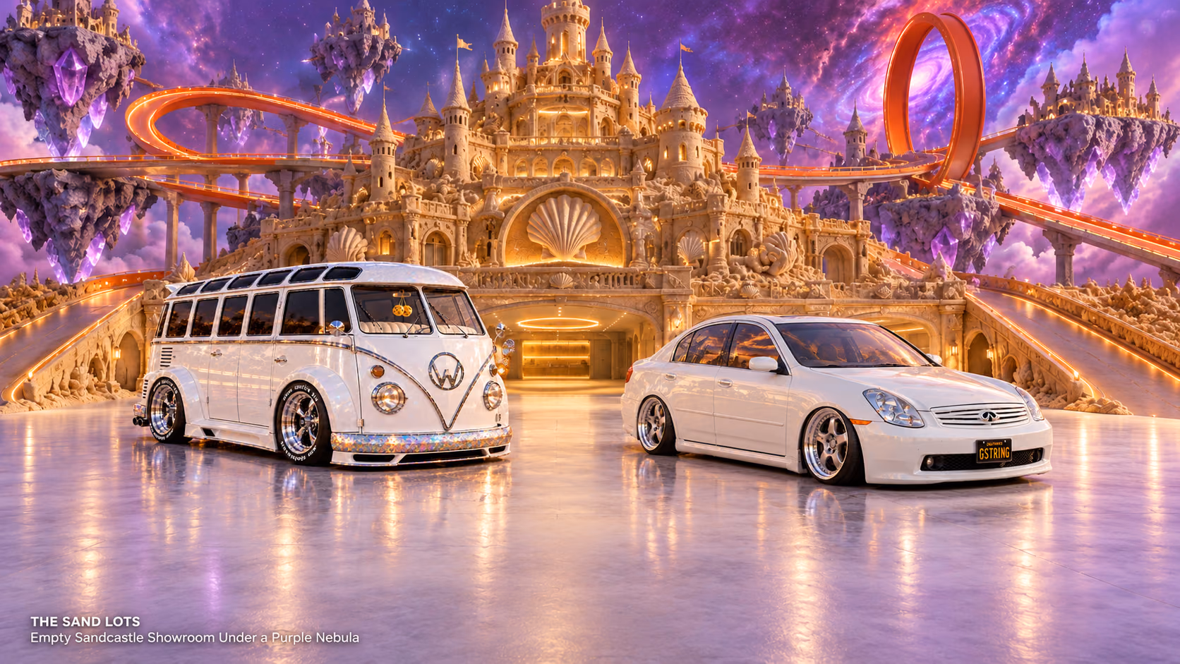 Starlite, a pearl-white custom Volkswagen Samba, parked beside Tony’s white 2006 Infiniti G35x at Empty Sandcastle Showroom Under a Purple Nebula on The Sand Lots. A wide fantasy landscape with a discreet location caption at bottom left.