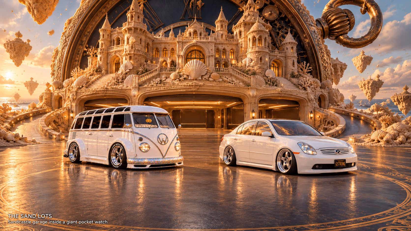 Starlite, a pearl-white custom Volkswagen Samba, parked beside Tony’s white 2006 Infiniti G35x at Sandcastle garage inside a giant pocket watch on The Sand Lots. A wide fantasy landscape with a discreet location caption at bottom left.