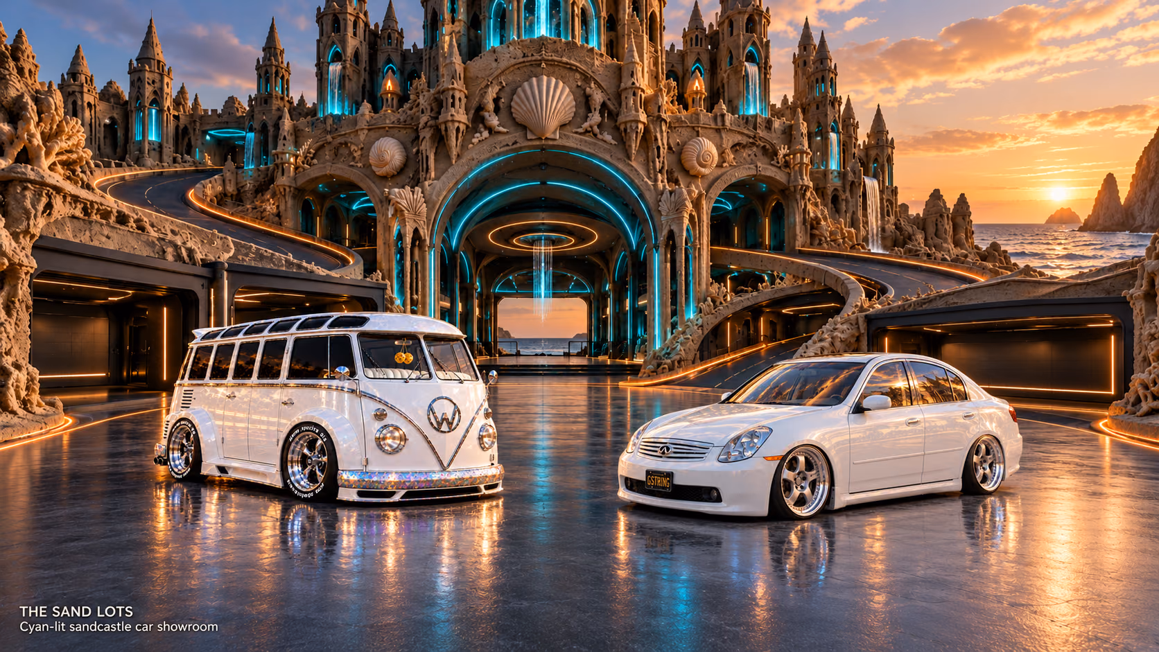 Starlite, a pearl-white custom Volkswagen Samba, parked beside Tony’s white 2006 Infiniti G35x at Cyan-lit sandcastle car showroom on The Sand Lots. A wide fantasy landscape with a discreet location caption at bottom left.