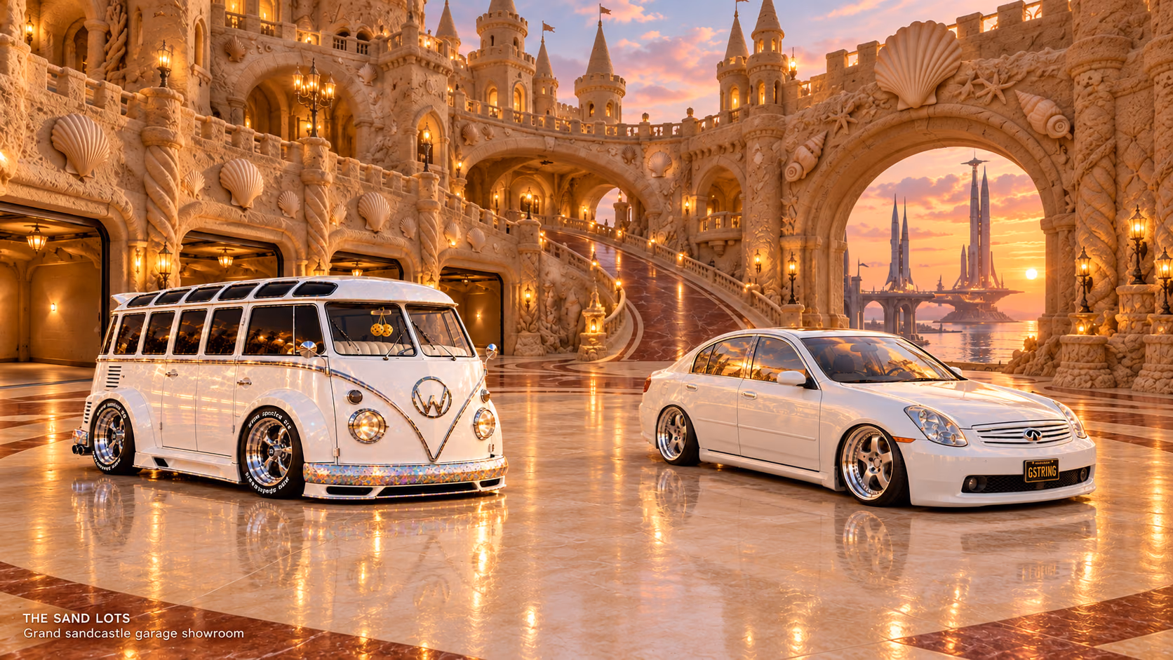 Starlite, a pearl-white custom Volkswagen Samba, parked beside Tony’s white 2006 Infiniti G35x at Grand sandcastle garage showroom on The Sand Lots. A wide fantasy landscape with a discreet location caption at bottom left.
