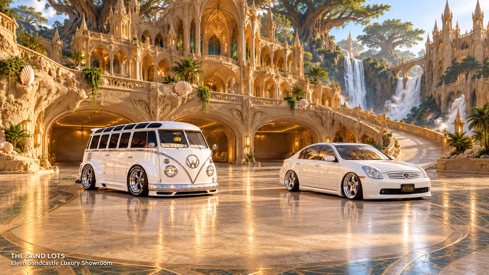 Starlite, a pearl-white custom Volkswagen Samba, parked beside Tony’s white 2006 Infiniti G35x at Elven Sandcastle Luxury Showroom on The Sand Lots. A wide fantasy landscape with a discreet location caption at bottom left.