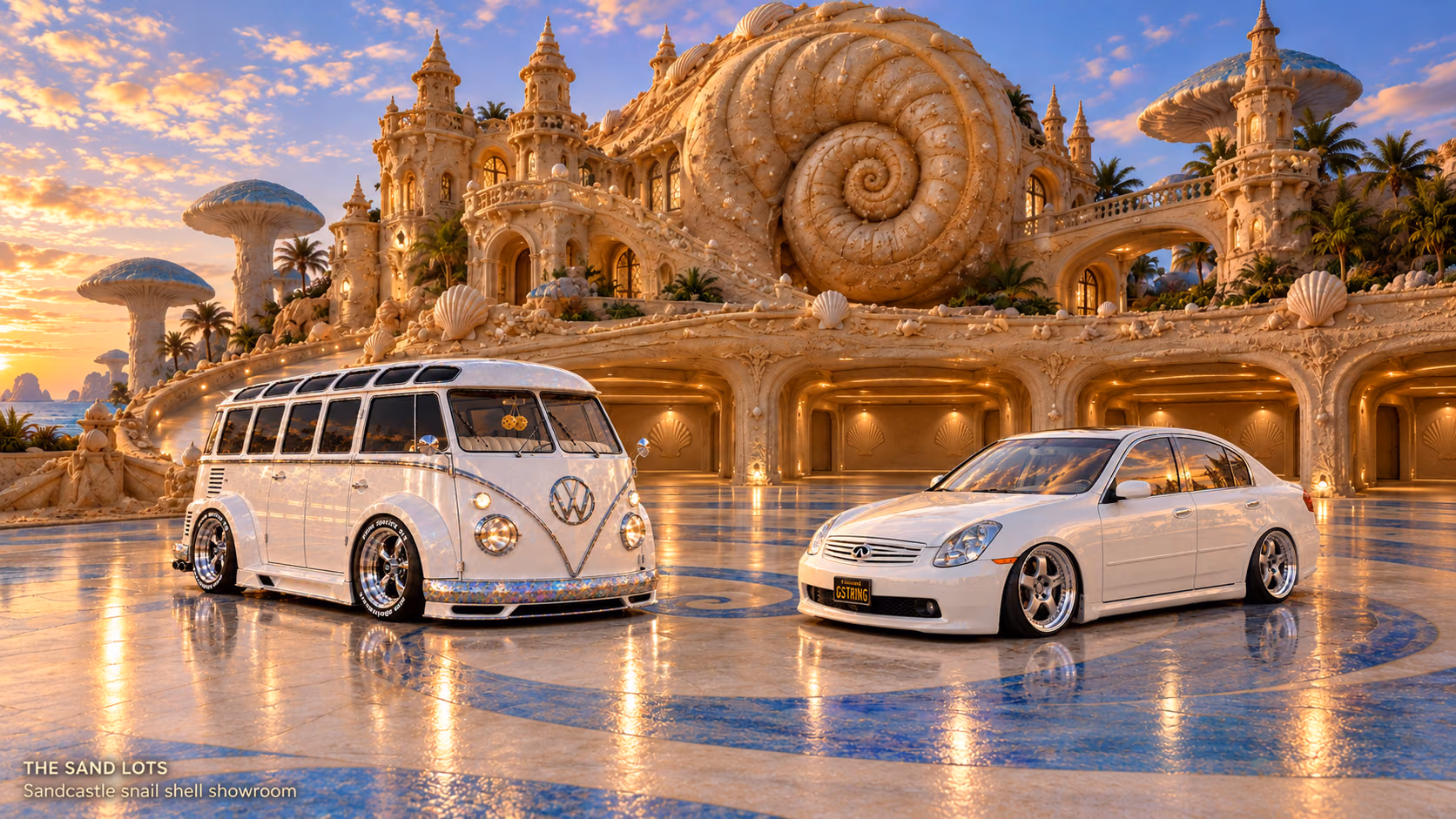 Starlite, a pearl-white custom Volkswagen Samba, parked beside Tony’s white 2006 Infiniti G35x at Sandcastle snail shell showroom on The Sand Lots. A wide fantasy landscape with a discreet location caption at bottom left.