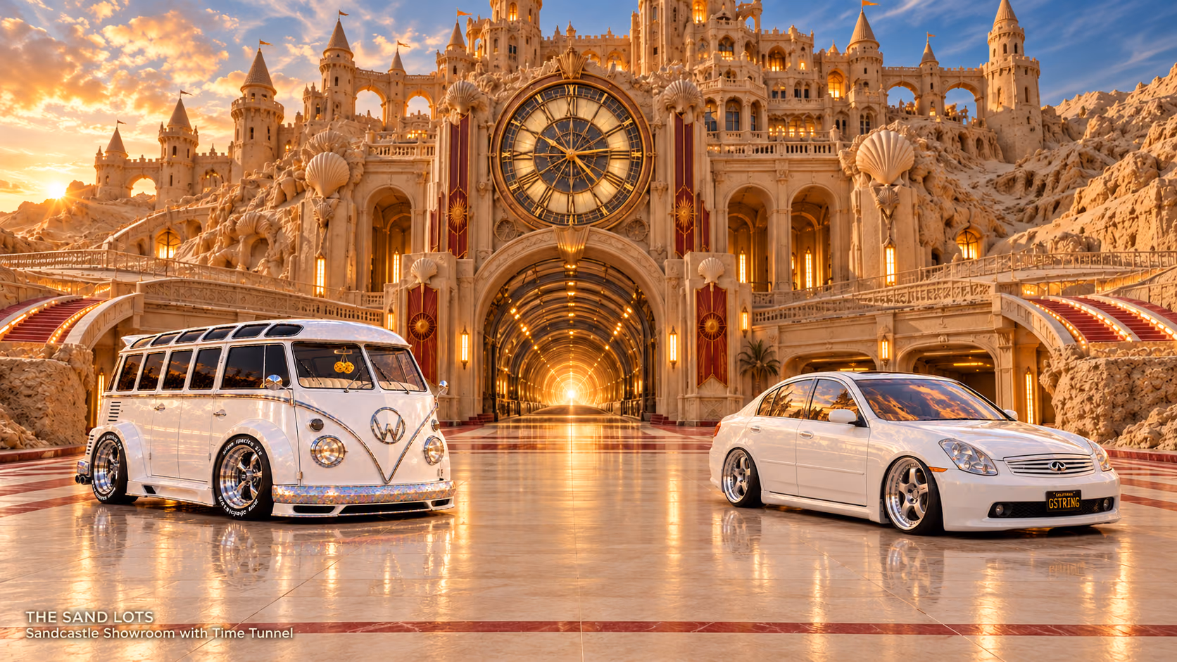 Starlite, a pearl-white custom Volkswagen Samba, parked beside Tony’s white 2006 Infiniti G35x at Sandcastle Showroom with Time Tunnel on The Sand Lots. A wide fantasy landscape with a discreet location caption at bottom left.