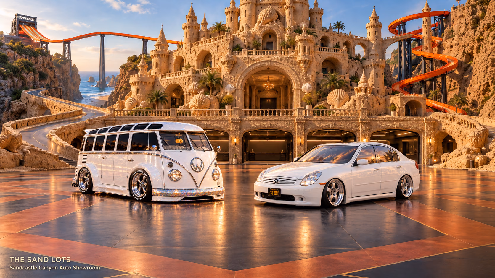 Starlite, a pearl-white custom Volkswagen Samba, parked beside Tony’s white 2006 Infiniti G35x at Sandcastle Canyon Auto Showroom on The Sand Lots. A wide fantasy landscape with a discreet location caption at bottom left.