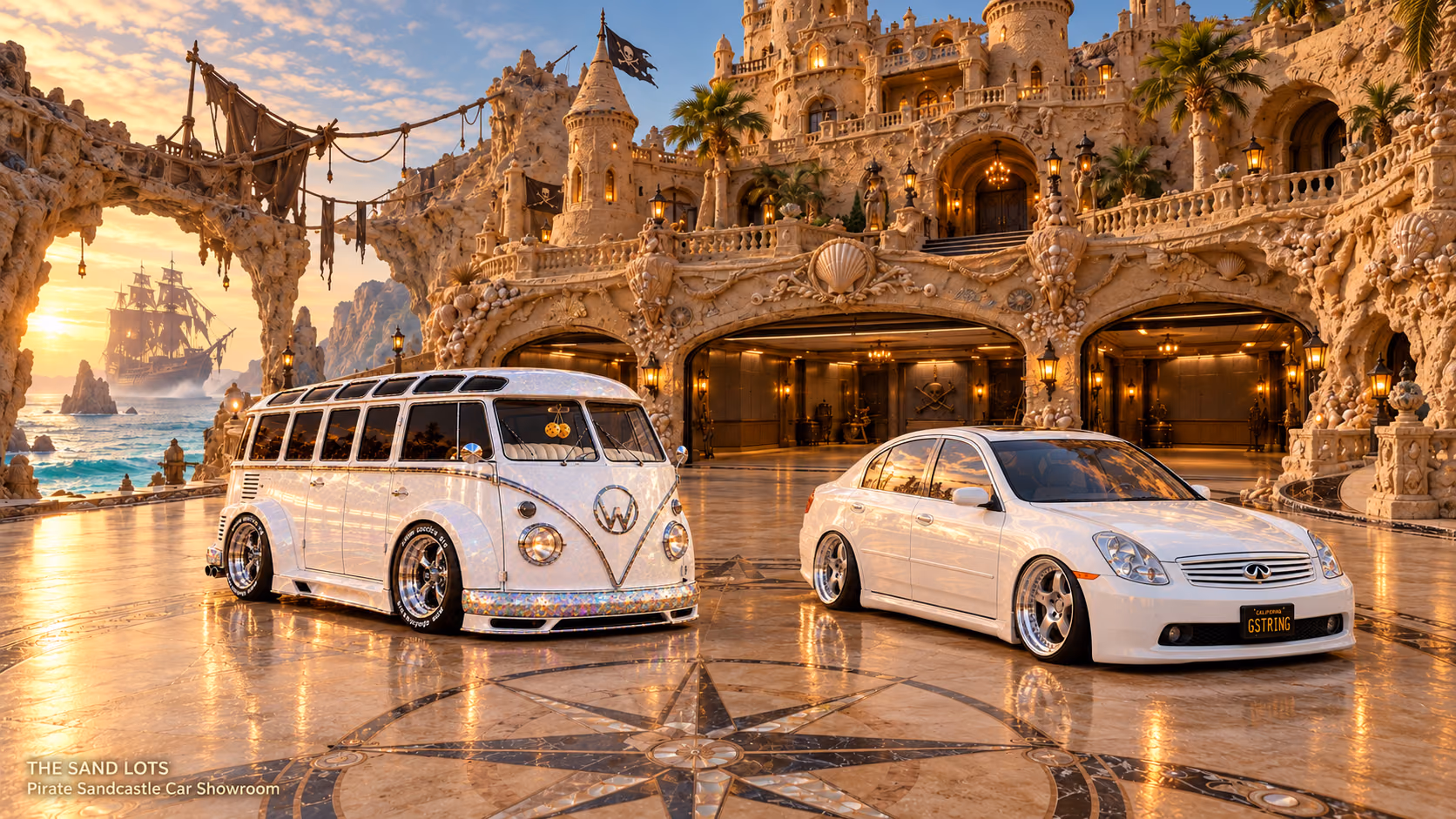 Starlite, a pearl-white custom Volkswagen Samba, parked beside Tony’s white 2006 Infiniti G35x at Pirate Sandcastle Car Showroom on The Sand Lots. A wide fantasy landscape with a discreet location caption at bottom left.