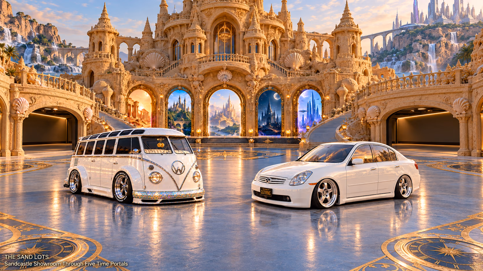 Starlite, a pearl-white custom Volkswagen Samba, parked beside Tony’s white 2006 Infiniti G35x at Sandcastle Showroom Through Five Time Portals on The Sand Lots. A wide fantasy landscape with a discreet location caption at bottom left.