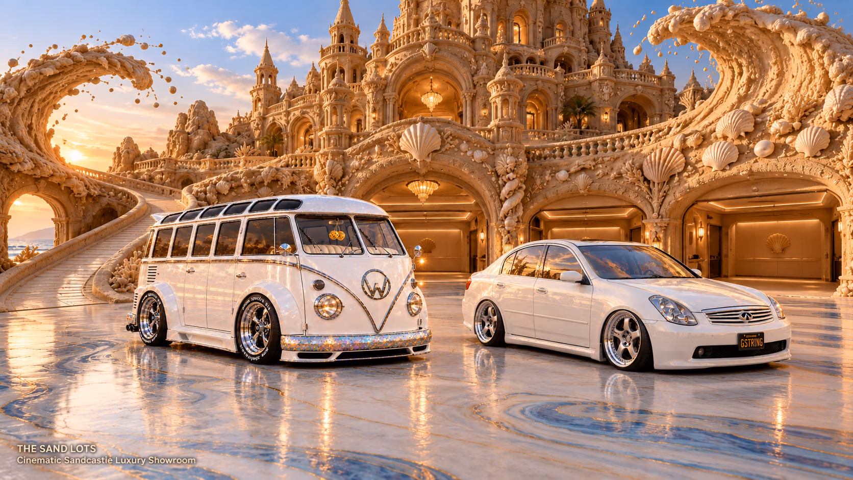 Starlite, a pearl-white custom Volkswagen Samba, parked beside Tony’s white 2006 Infiniti G35x at Cinematic Sandcastle Luxury Showroom on The Sand Lots. A wide fantasy landscape with a discreet location caption at bottom left.