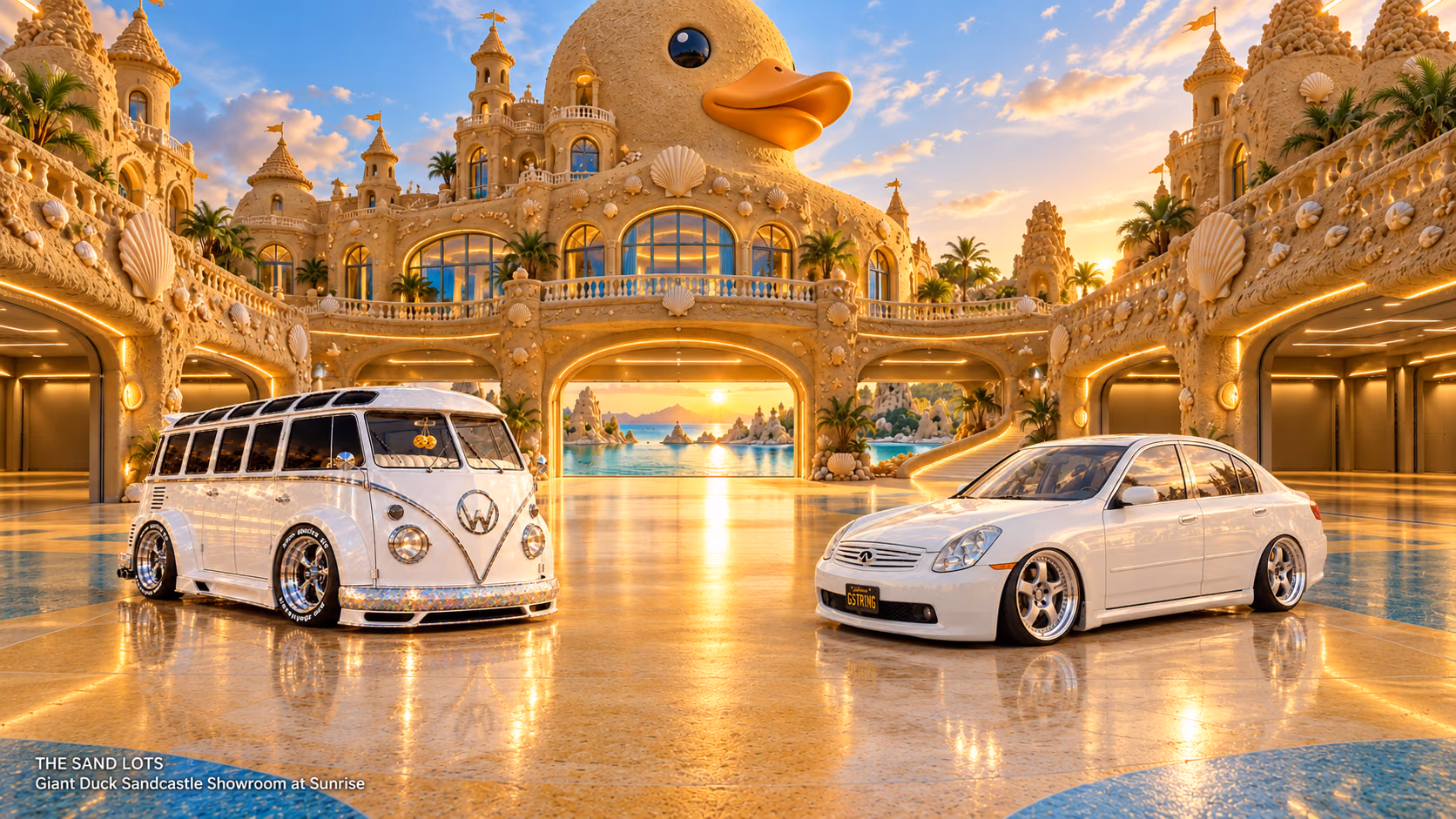 Starlite, a pearl-white custom Volkswagen Samba, parked beside Tony’s white 2006 Infiniti G35x at Giant Duck Sandcastle Showroom at Sunrise on The Sand Lots. A wide fantasy landscape with a discreet location caption at bottom left.
