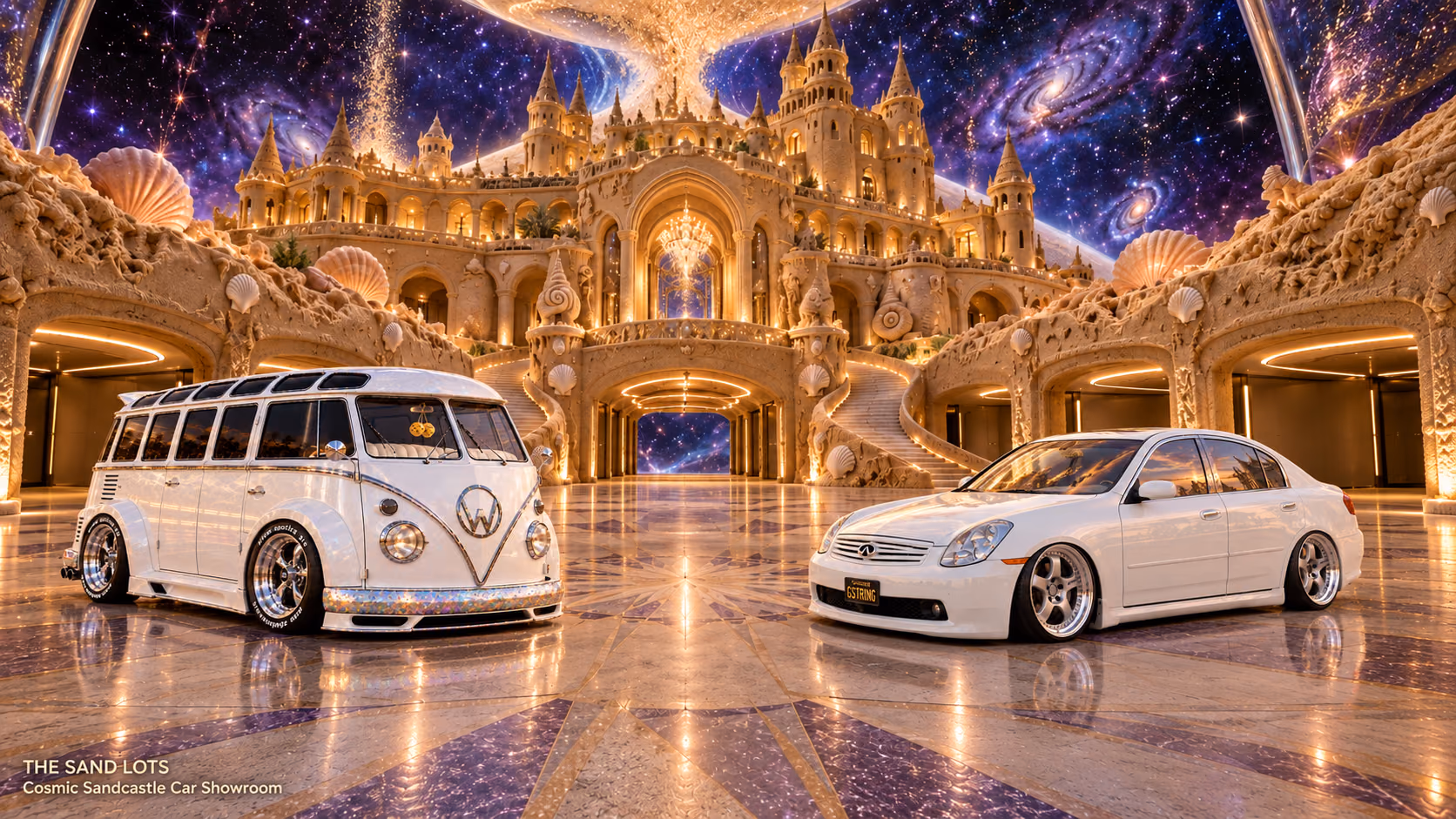 Starlite, a pearl-white custom Volkswagen Samba, parked beside Tony’s white 2006 Infiniti G35x at Cosmic Sandcastle Car Showroom on The Sand Lots. A wide fantasy landscape with a discreet location caption at bottom left.