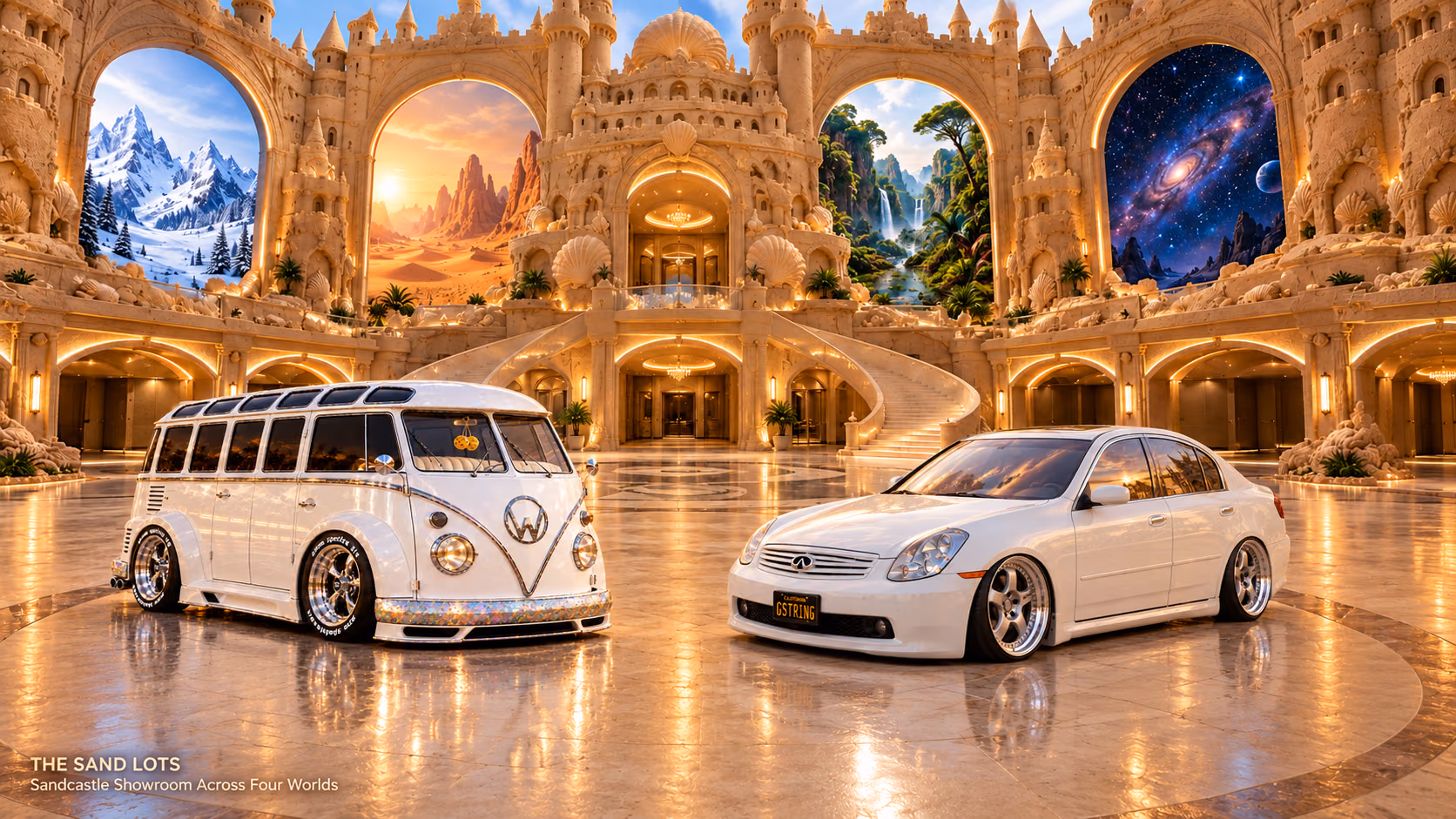 Starlite, a pearl-white custom Volkswagen Samba, parked beside Tony’s white 2006 Infiniti G35x at Sandcastle Showroom Across Four Worlds on The Sand Lots. A wide fantasy landscape with a discreet location caption at bottom left.