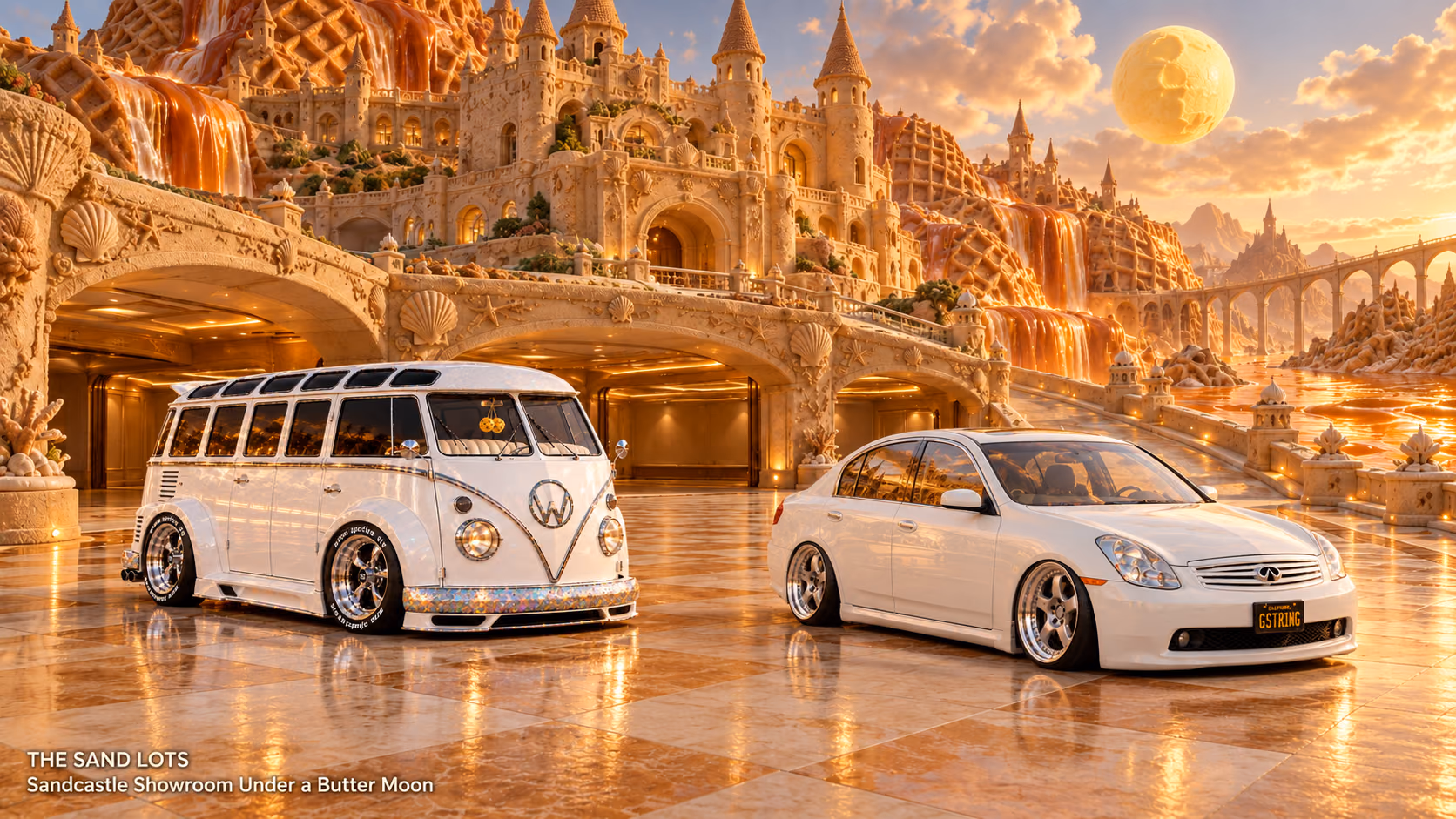 Starlite, a pearl-white custom Volkswagen Samba, parked beside Tony’s white 2006 Infiniti G35x at Sandcastle Showroom Under a Butter Moon on The Sand Lots. A wide fantasy landscape with a discreet location caption at bottom left.