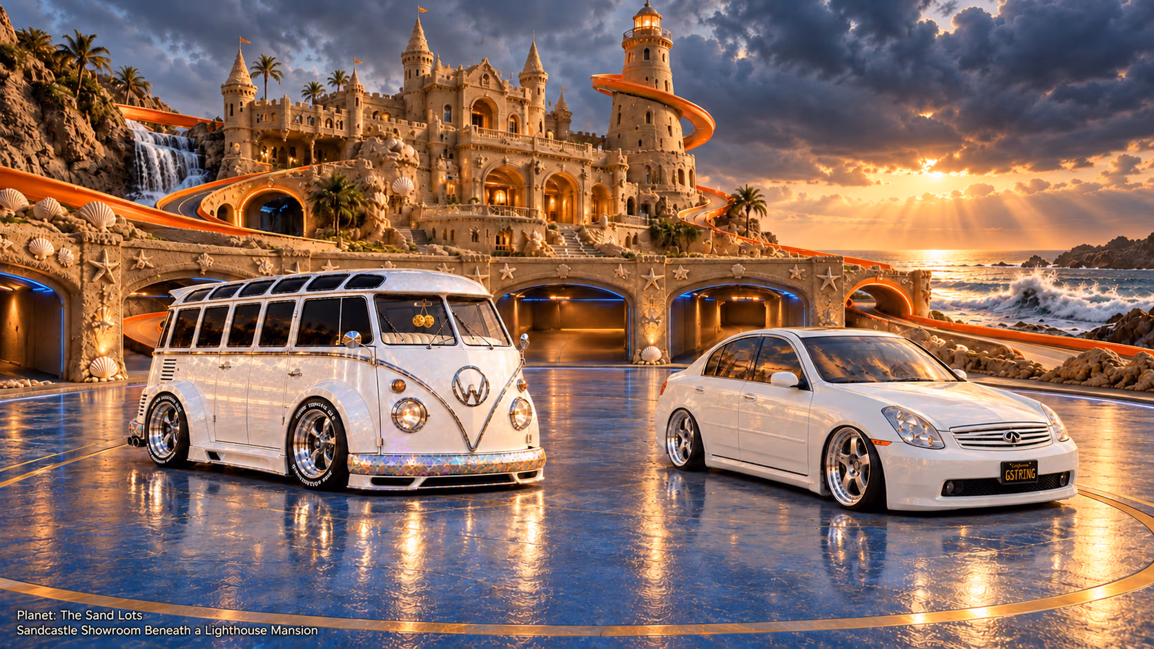 Starlite, a pearl-white custom Volkswagen Samba, parked beside Tony’s white 2006 Infiniti G35x at Sandcastle Showroom Beneath a Lighthouse Mansion on The Sand Lots. A wide fantasy landscape with a discreet location caption at bottom left.