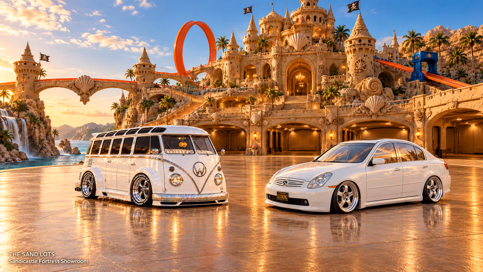 Starlite, a pearl-white custom Volkswagen Samba, parked beside Tony’s white 2006 Infiniti G35x at Sandcastle Fortress Showroom on The Sand Lots. A wide fantasy landscape with a discreet location caption at bottom left.