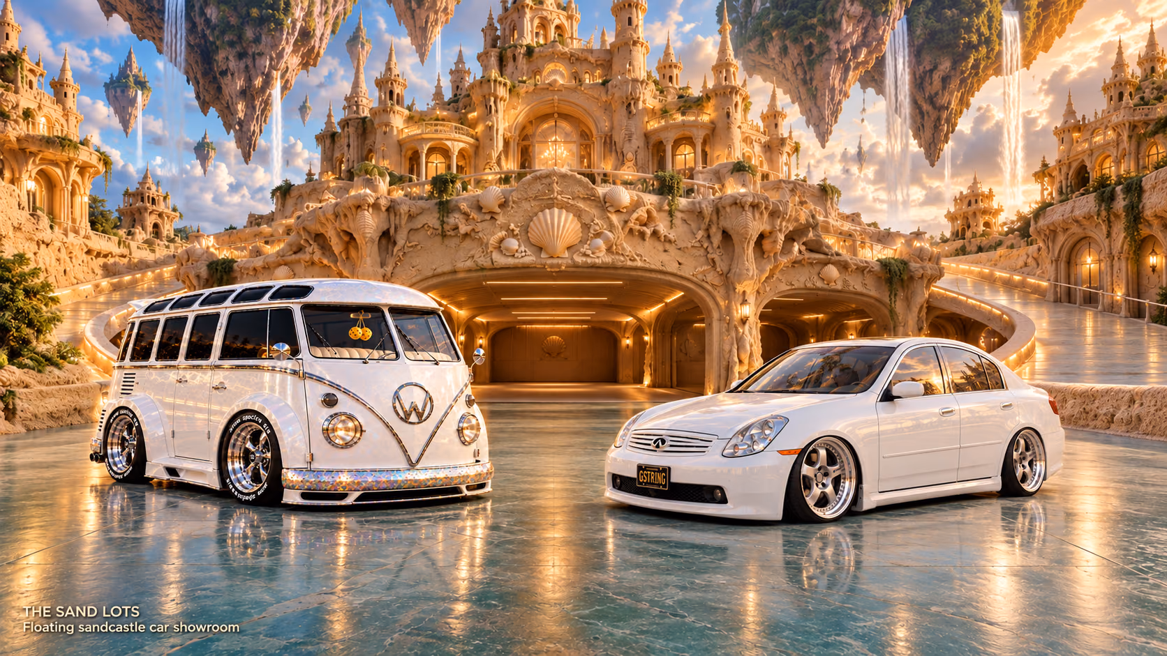 Starlite, a pearl-white custom Volkswagen Samba, parked beside Tony’s white 2006 Infiniti G35x at Floating sandcastle car showroom on The Sand Lots. A wide fantasy landscape with a discreet location caption at bottom left.