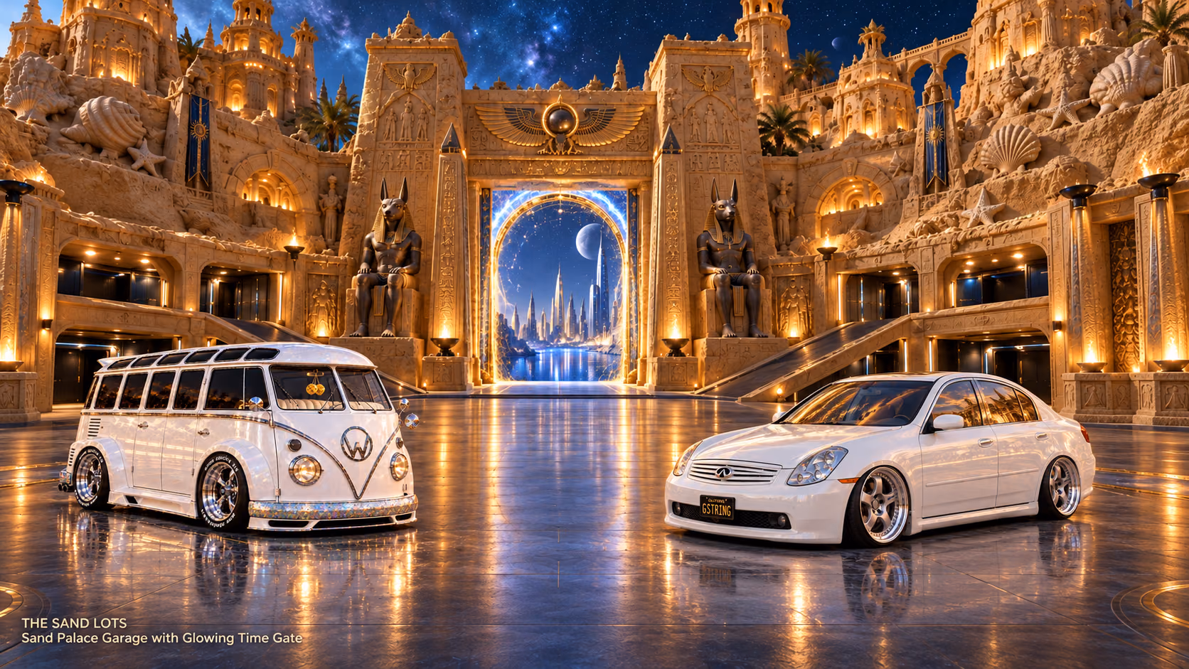 Starlite, a pearl-white custom Volkswagen Samba, parked beside Tony’s white 2006 Infiniti G35x at Sand Palace Garage with Glowing Time Gate on The Sand Lots. A wide fantasy landscape with a discreet location caption at bottom left.