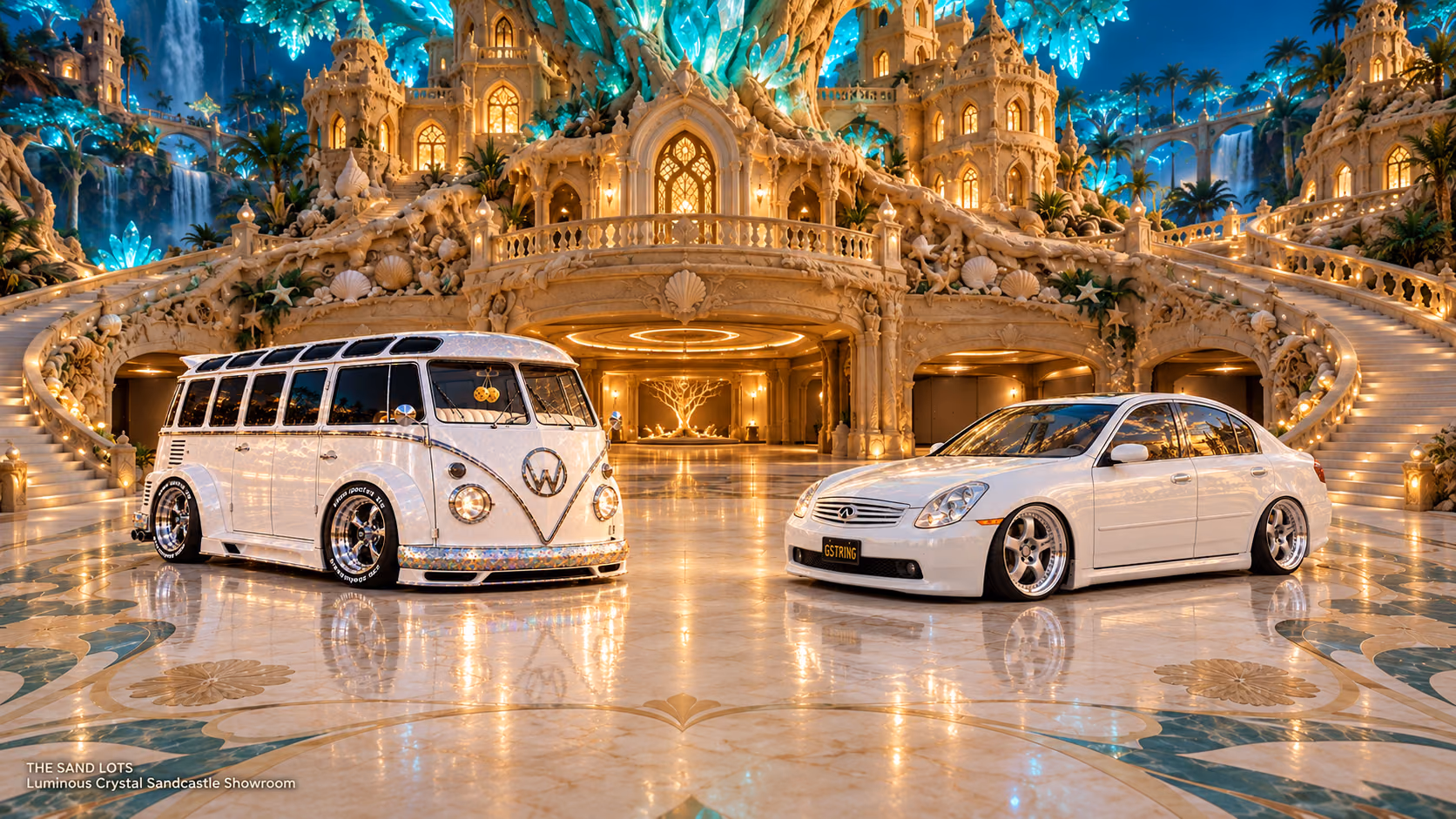 Starlite, a pearl-white custom Volkswagen Samba, parked beside Tony’s white 2006 Infiniti G35x at Luminous Crystal Sandcastle Showroom on The Sand Lots. A wide fantasy landscape with a discreet location caption at bottom left.