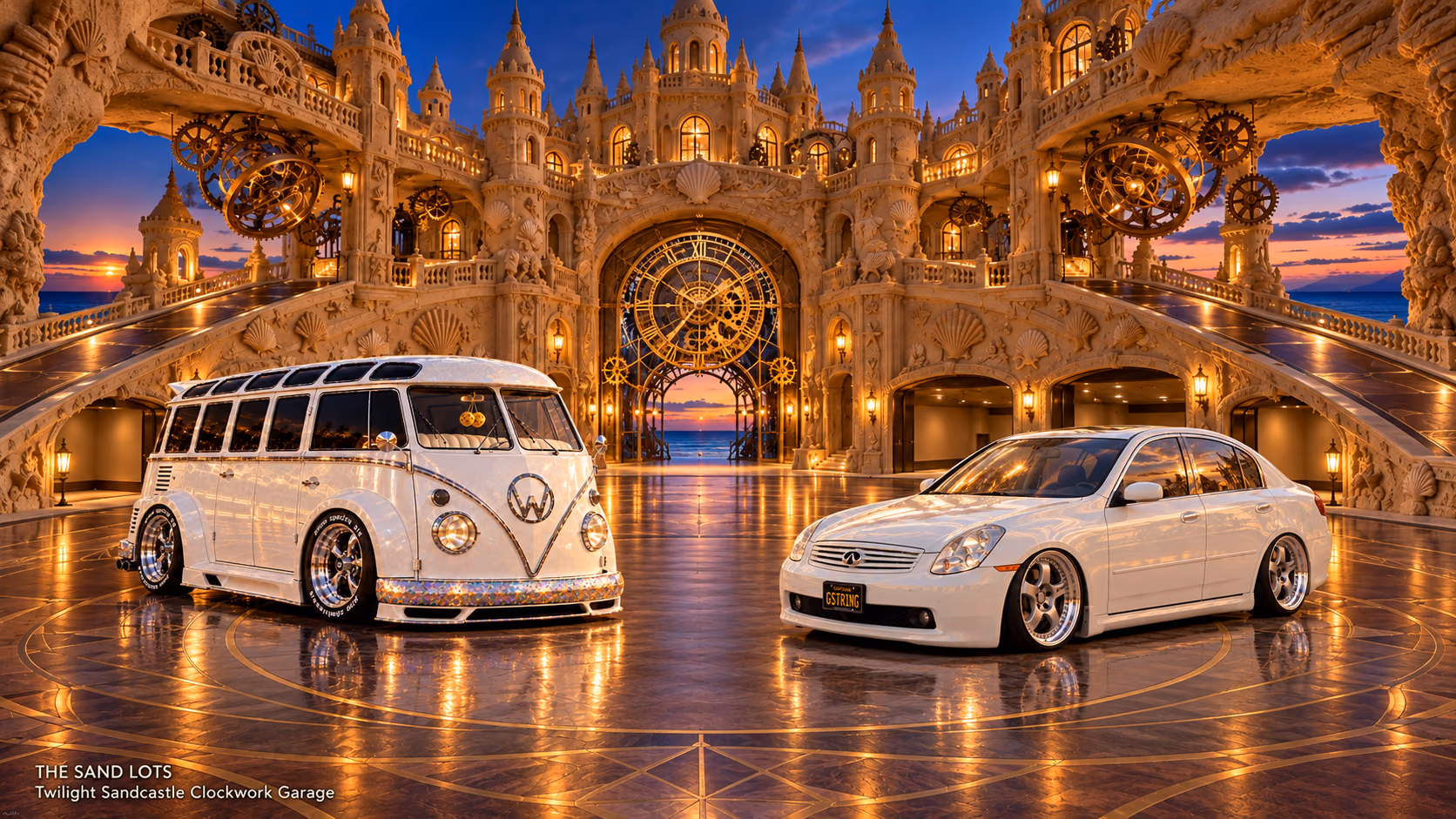 Starlite, a pearl-white custom Volkswagen Samba, parked beside Tony’s white 2006 Infiniti G35x at Twilight Sandcastle Clockwork Garage on The Sand Lots. A wide fantasy landscape with a discreet location caption at bottom left.