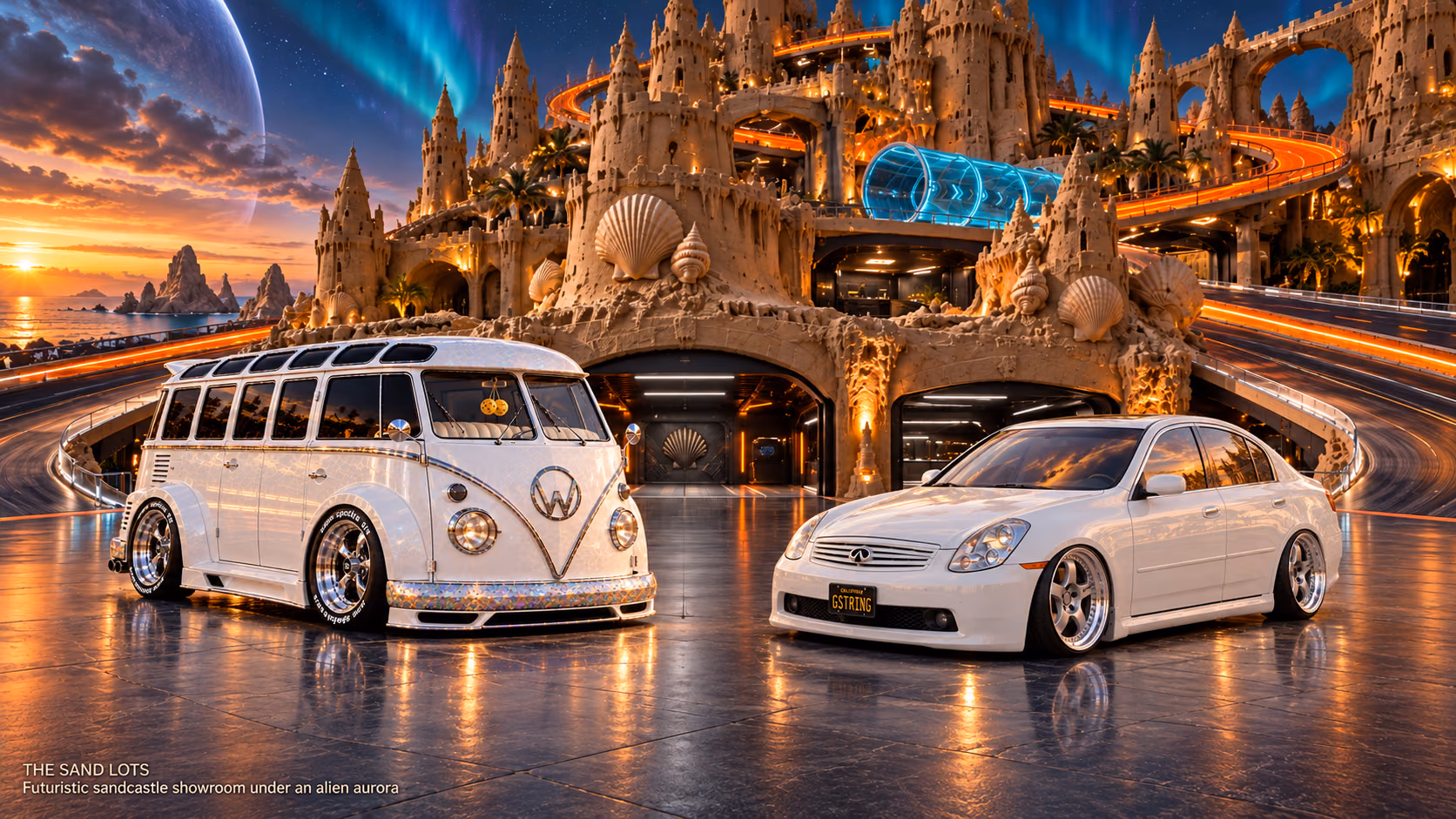 Starlite, a pearl-white custom Volkswagen Samba, parked beside Tony’s white 2006 Infiniti G35x at Futuristic sandcastle showroom under an alien aurora on The Sand Lots. A wide fantasy landscape with a discreet location caption at bottom left.