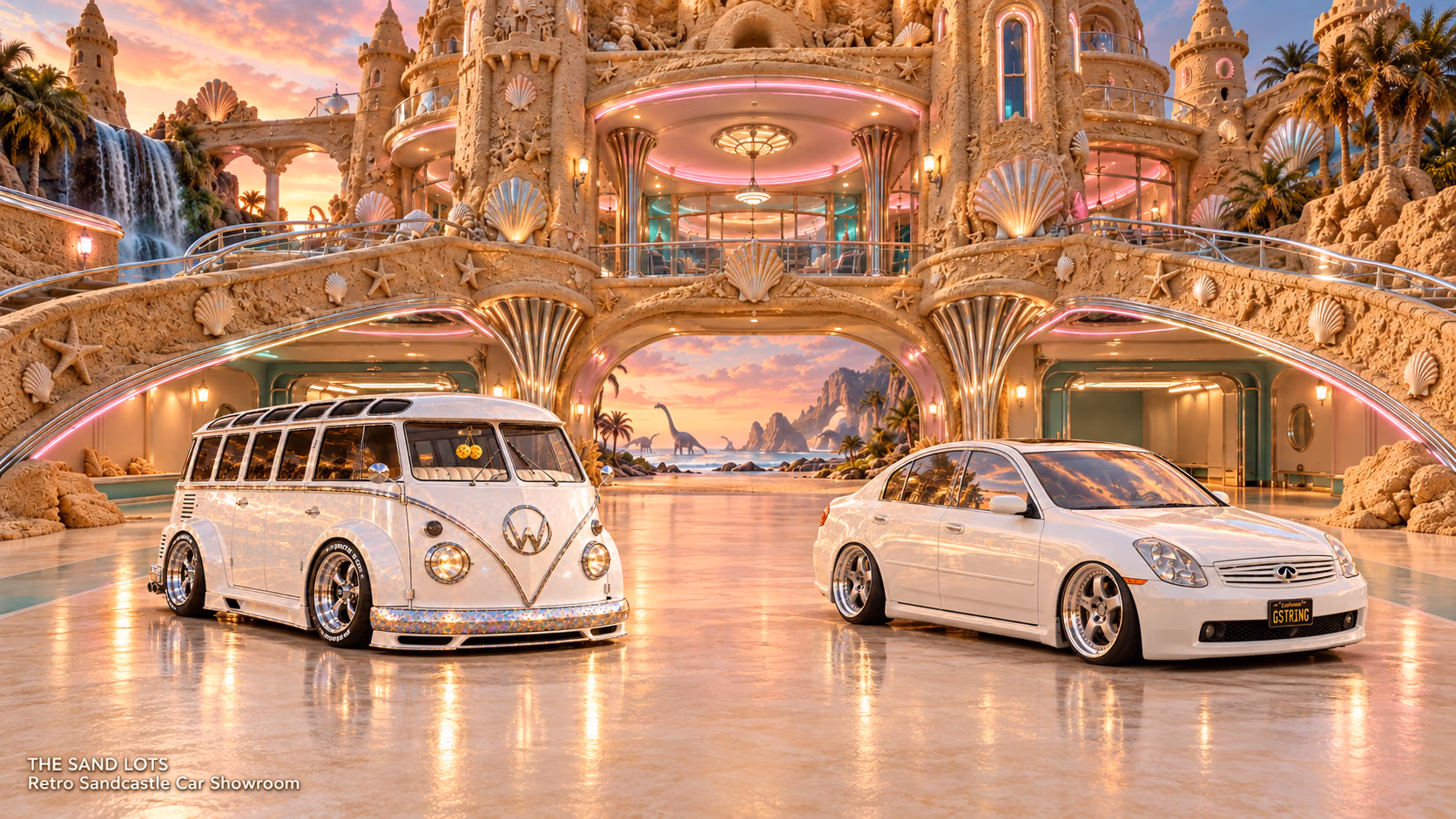 Starlite, a pearl-white custom Volkswagen Samba, parked beside Tony’s white 2006 Infiniti G35x at Retro Sandcastle Car Showroom on The Sand Lots. A wide fantasy landscape with a discreet location caption at bottom left.