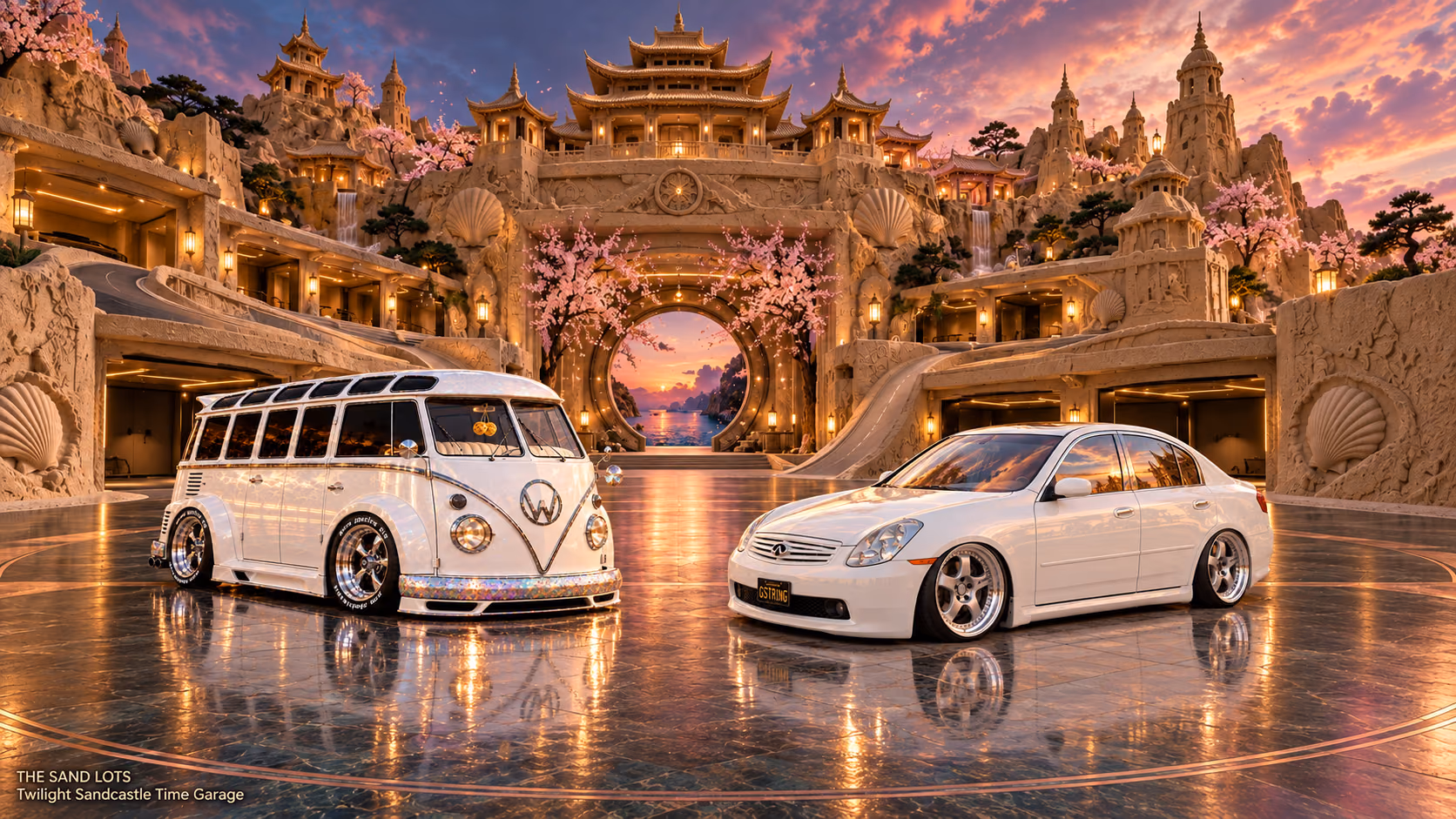Starlite, a pearl-white custom Volkswagen Samba, parked beside Tony’s white 2006 Infiniti G35x at Twilight Sandcastle Time Garage on The Sand Lots. A wide fantasy landscape with a discreet location caption at bottom left.