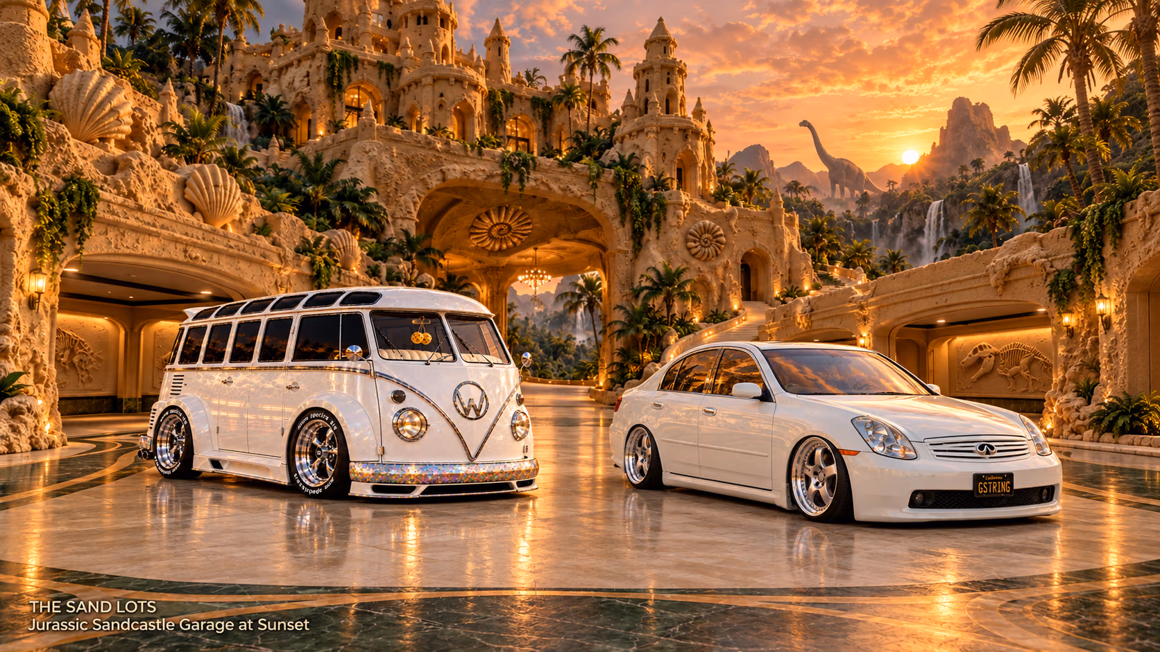 Starlite, a pearl-white custom Volkswagen Samba, parked beside Tony’s white 2006 Infiniti G35x at Jurassic Sandcastle Garage at Sunset on The Sand Lots. A wide fantasy landscape with a discreet location caption at bottom left.