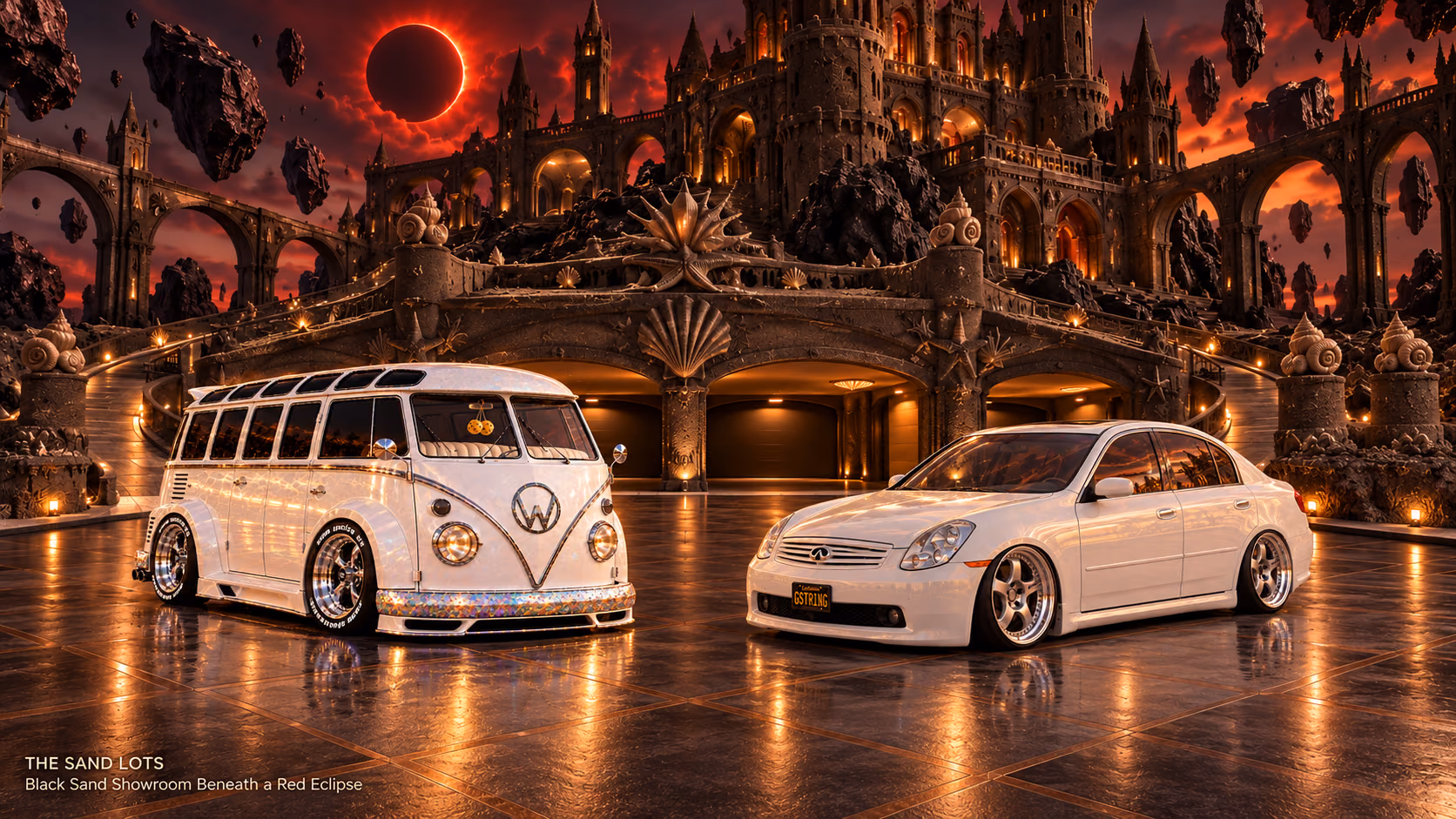 Starlite, a pearl-white custom Volkswagen Samba, parked beside Tony’s white 2006 Infiniti G35x at Black Sand Showroom Beneath a Red Eclipse on The Sand Lots. A wide fantasy landscape with a discreet location caption at bottom left.