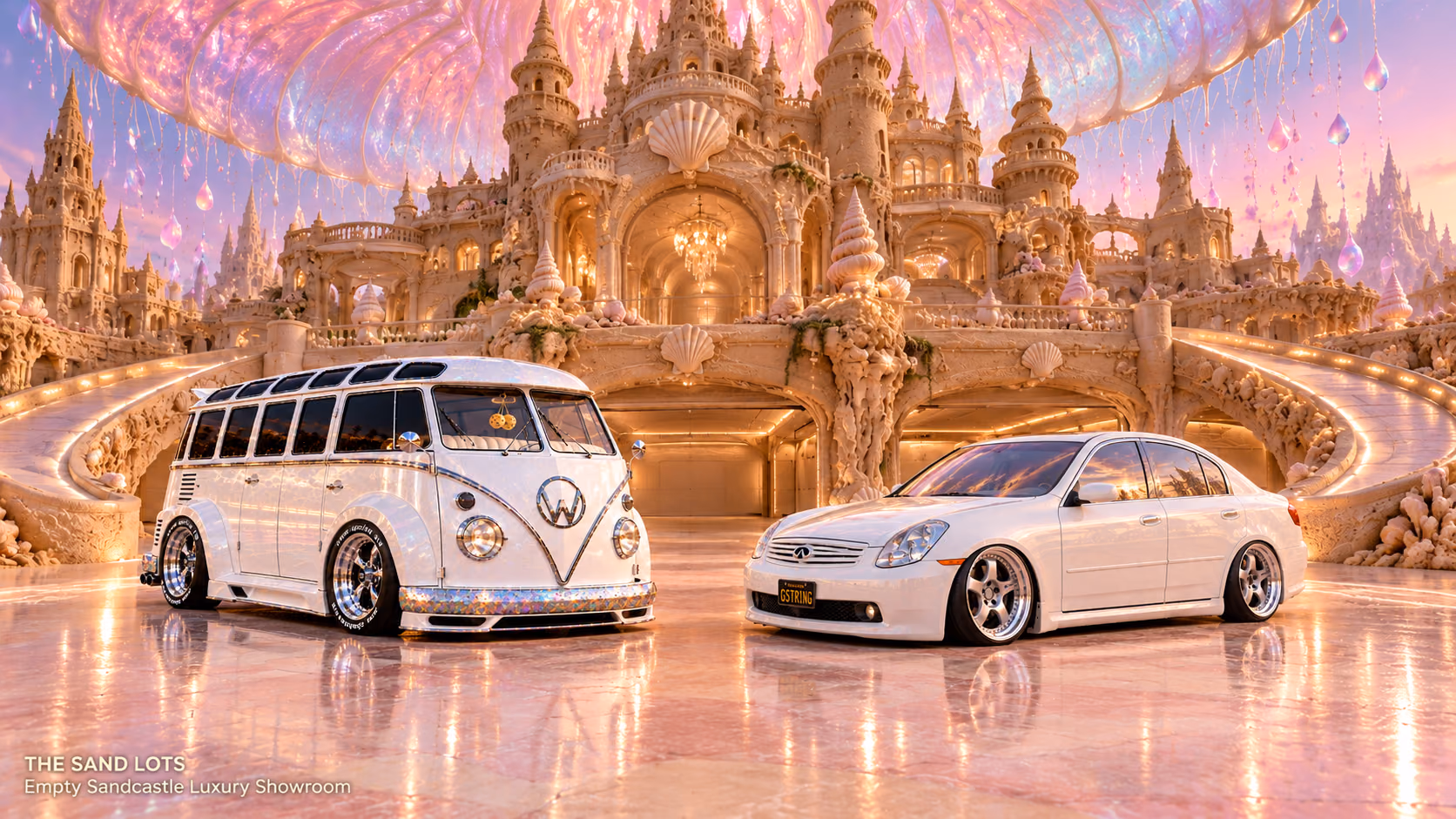Starlite, a pearl-white custom Volkswagen Samba, parked beside Tony’s white 2006 Infiniti G35x at Empty Sandcastle Luxury Showroom on The Sand Lots. A wide fantasy landscape with a discreet location caption at bottom left.