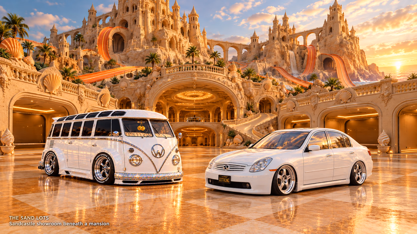 Starlite, a pearl-white custom Volkswagen Samba, parked beside Tony’s white 2006 Infiniti G35x at Sandcastle showroom beneath a mansion on The Sand Lots. A wide fantasy landscape with a discreet location caption at bottom left.