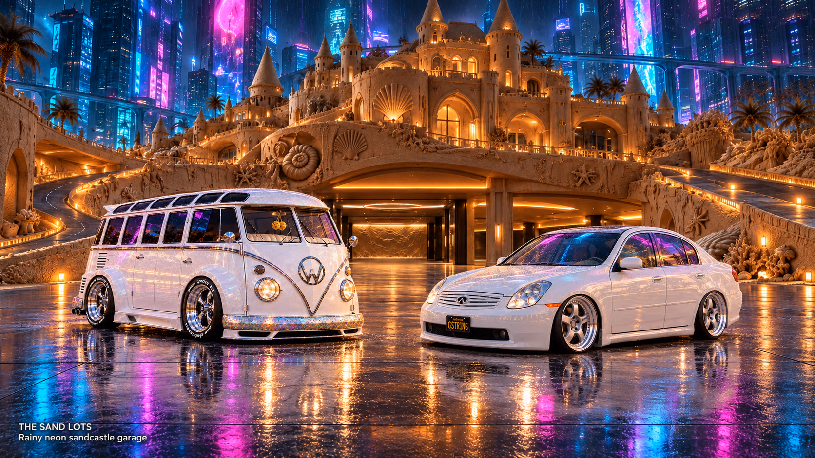 Starlite, a pearl-white custom Volkswagen Samba, parked beside Tony’s white 2006 Infiniti G35x at Rainy neon sandcastle garage on The Sand Lots. A wide fantasy landscape with a discreet location caption at bottom left.