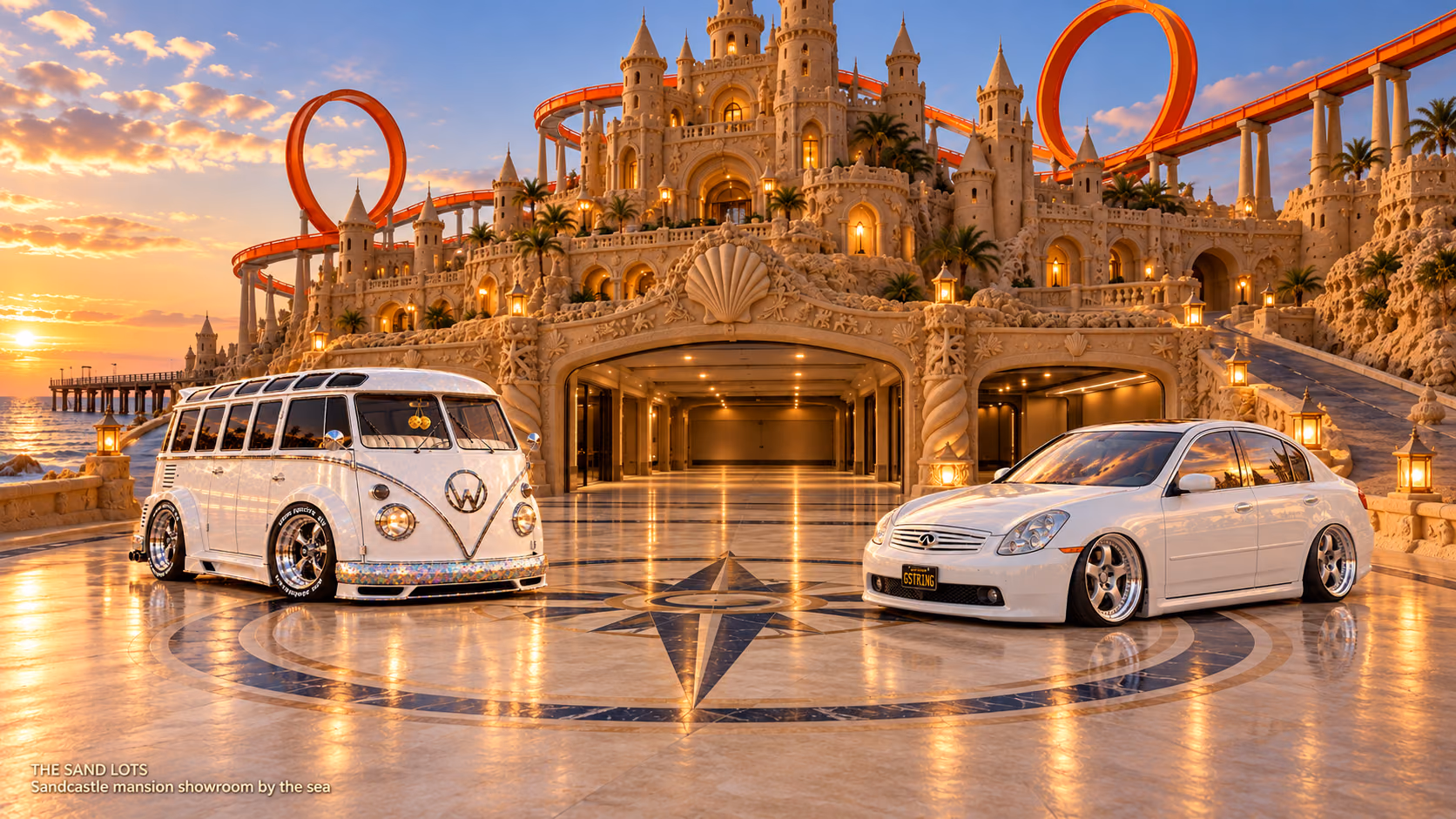 Starlite, a pearl-white custom Volkswagen Samba, parked beside Tony’s white 2006 Infiniti G35x at Sandcastle mansion showroom by the sea on The Sand Lots. A wide fantasy landscape with a discreet location caption at bottom left.