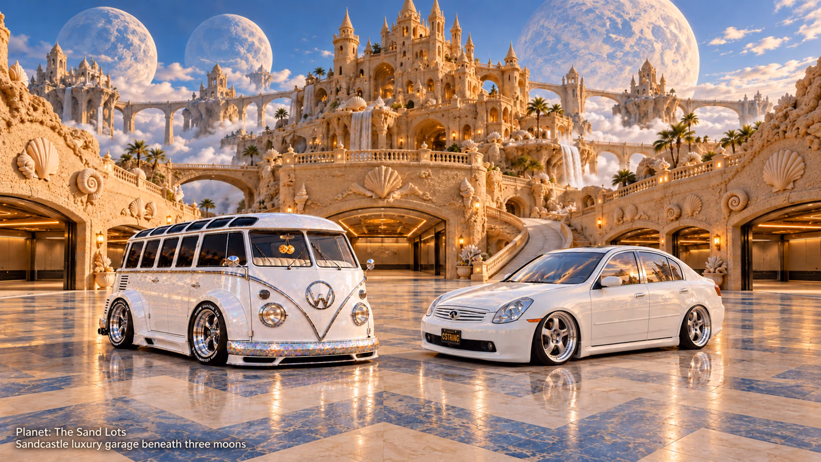 Starlite, a pearl-white custom Volkswagen Samba, parked beside Tony’s white 2006 Infiniti G35x at Sandcastle luxury garage beneath three moons on The Sand Lots. A wide fantasy landscape with a discreet location caption at bottom left.