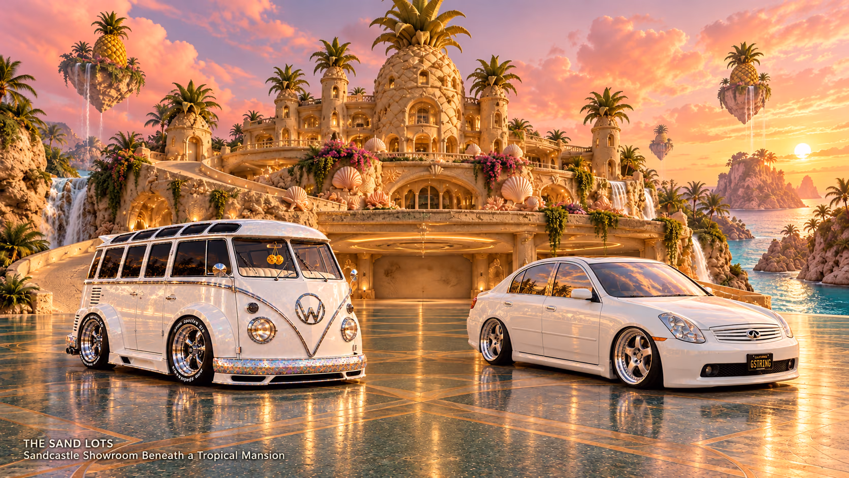 Starlite, a pearl-white custom Volkswagen Samba, parked beside Tony’s white 2006 Infiniti G35x at Sandcastle Showroom Beneath a Tropical Mansion on The Sand Lots. A wide fantasy landscape with a discreet location caption at bottom left.